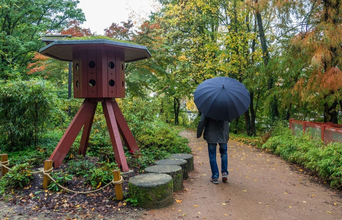 Randonnées détox Nantes : personne sous un parapluie marchant dans l'allée d'un parc