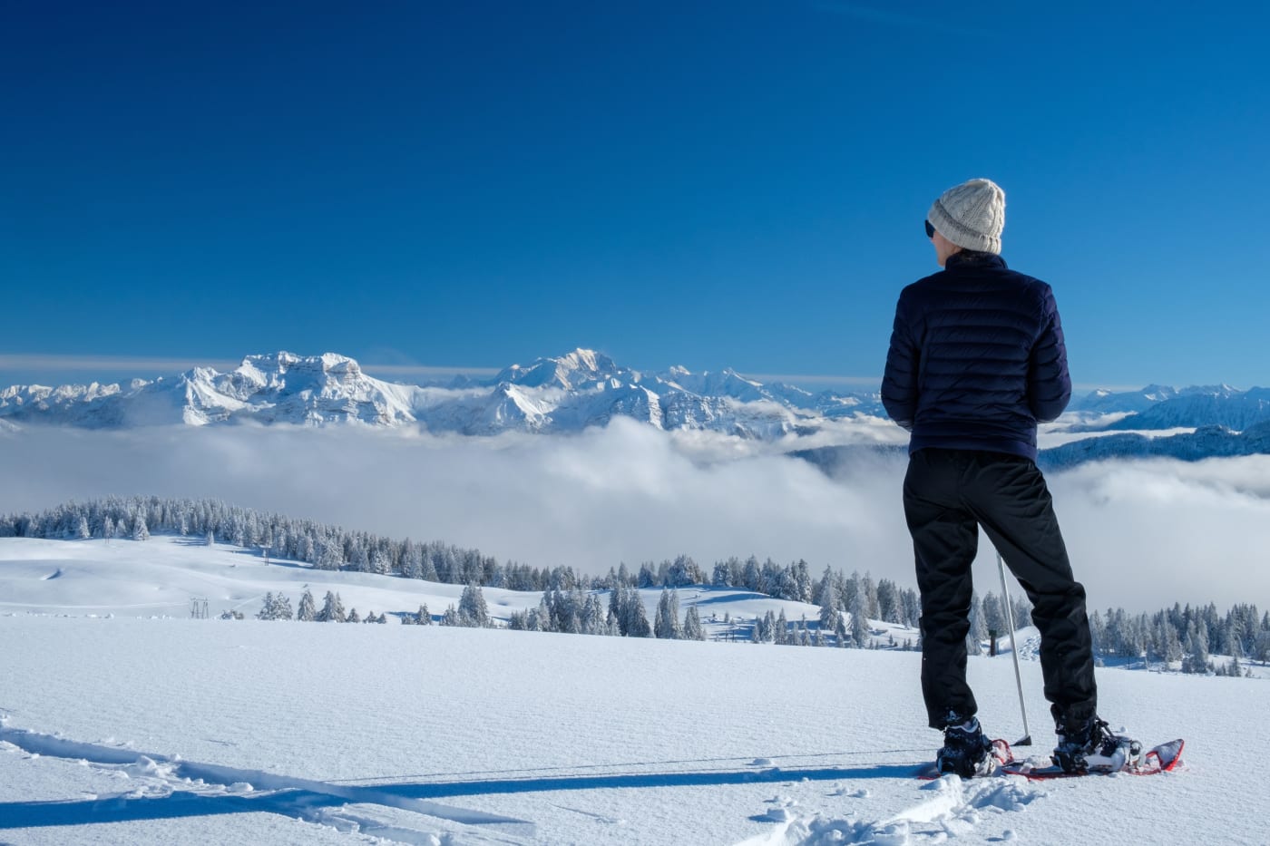 Vacances hiver raquettes : homme en raquettes dans la neige regardant la vue