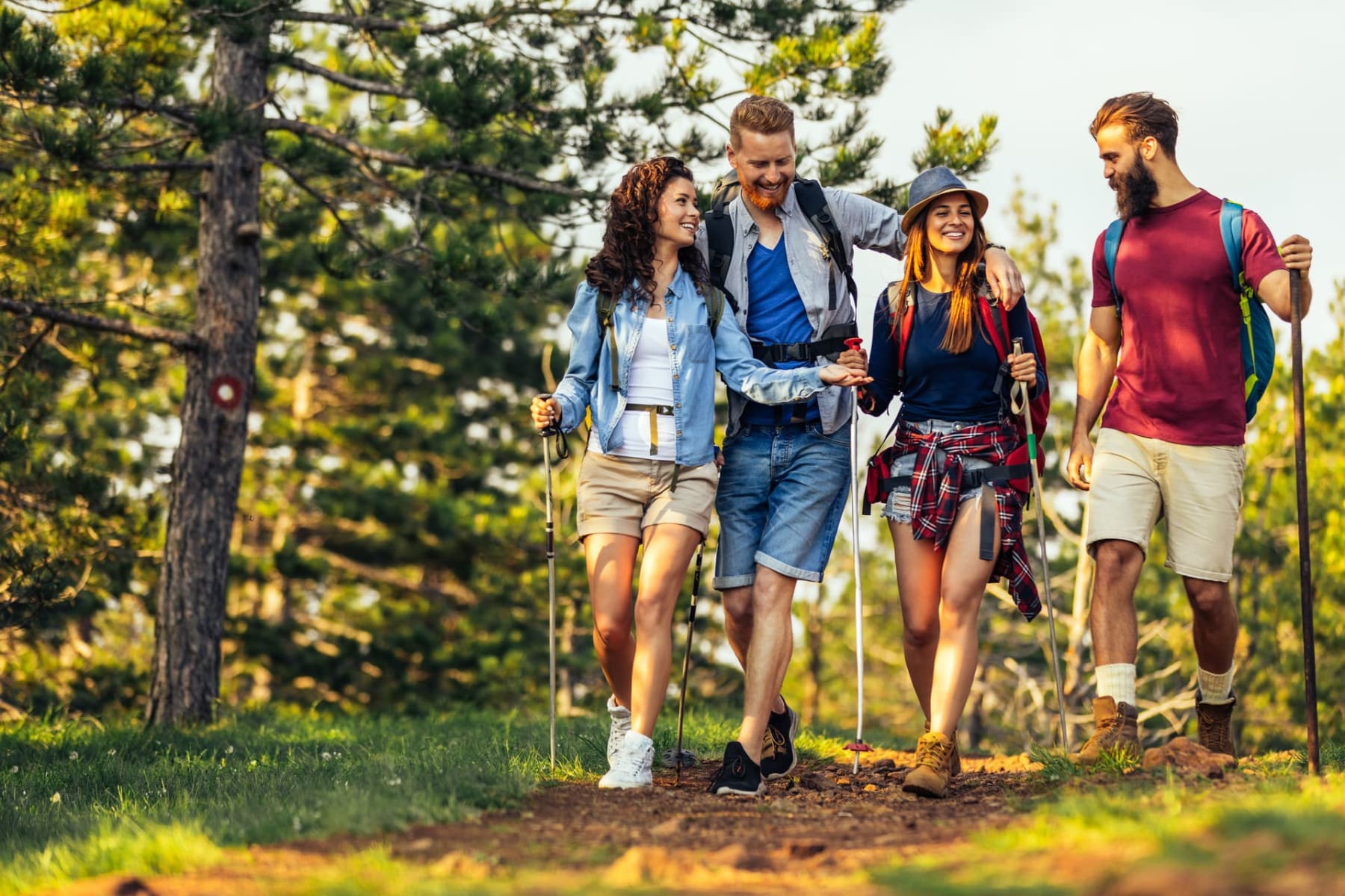 GR® préféré des Français : groupe d'amis marchant avec des bâtons sur un sentier forestier