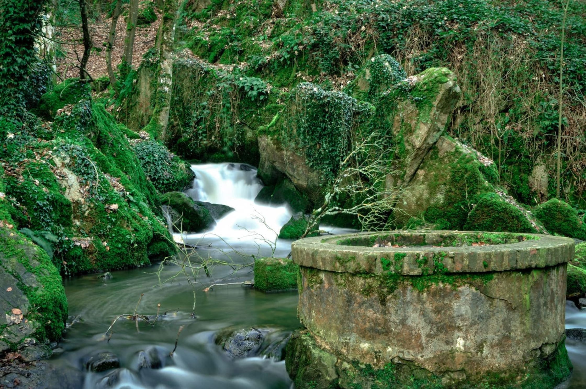 Randonnée à la brèche au Diable : eau ruisselant dans la faille, entourée de parois rocheuses et de végétation