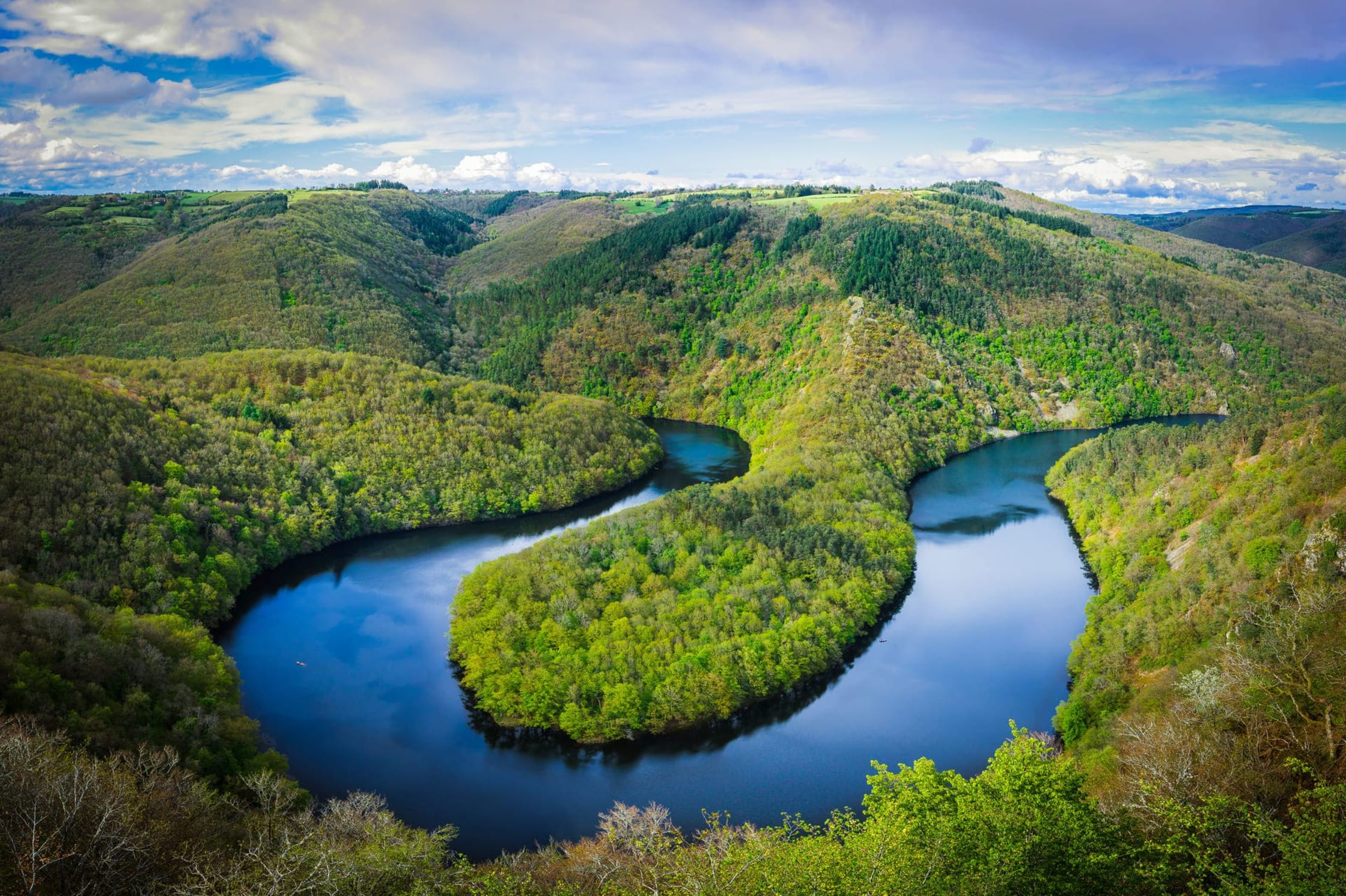 Randonnée méandre de Queuille : l'eau serpentant au cœur de la végétation verte