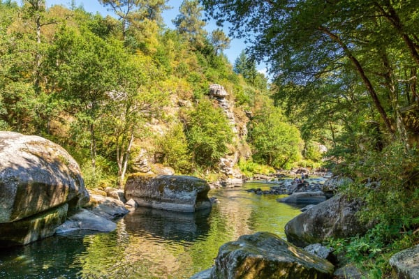 Randonnée roches du Diable : eau ruisselant entre les blocs de roche, au beau milieu de la forêt