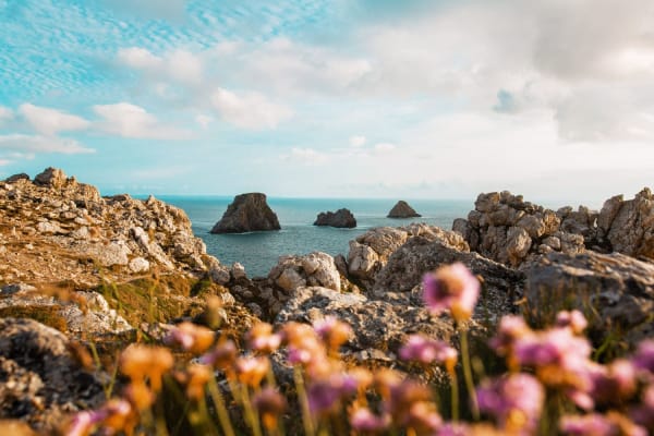 Randonnée pointe de Pen Hir : vue sur le tas de pois au coucher du soleil