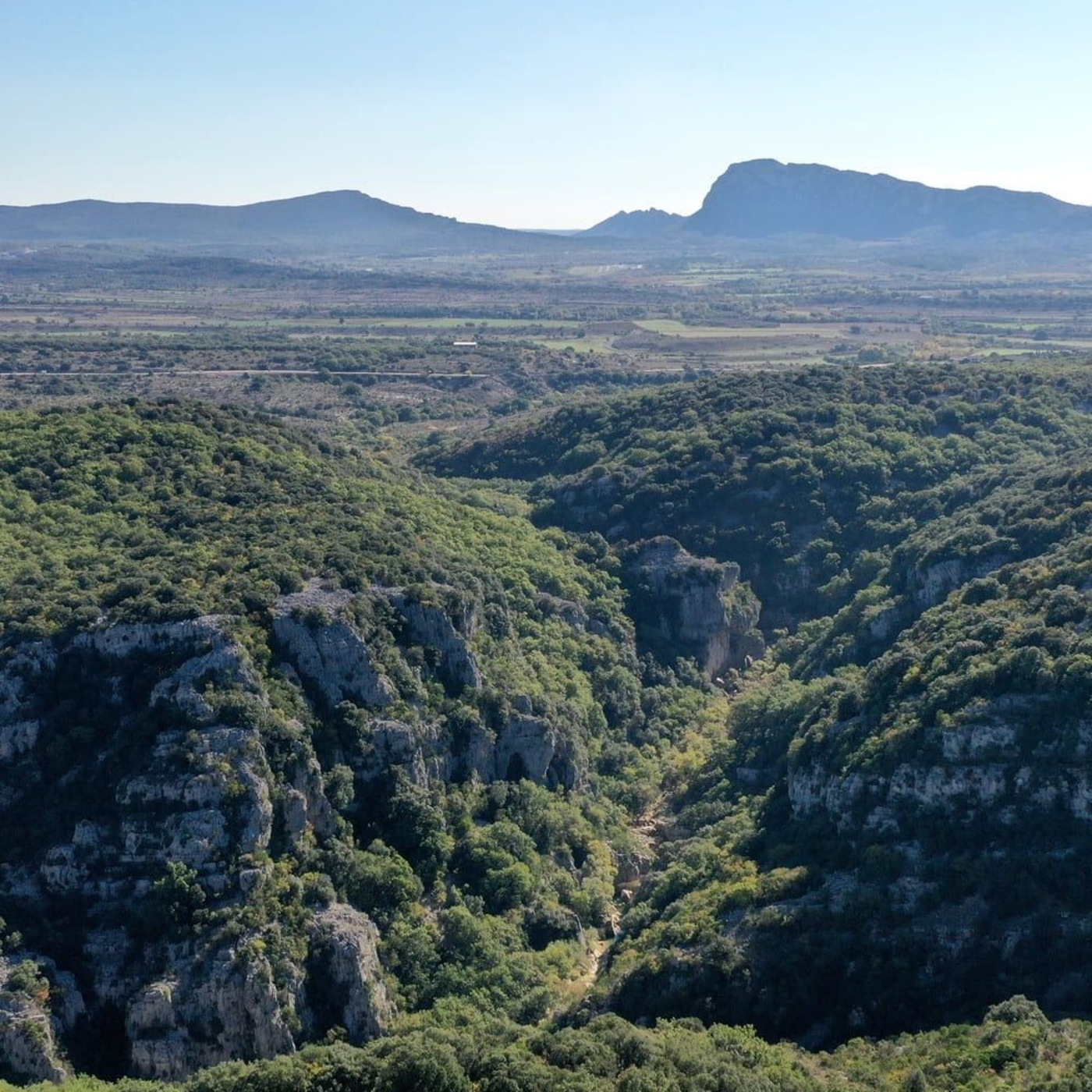 Le ravin des arcs vu du ciel, avec le pic Saint-Loup dans le fond