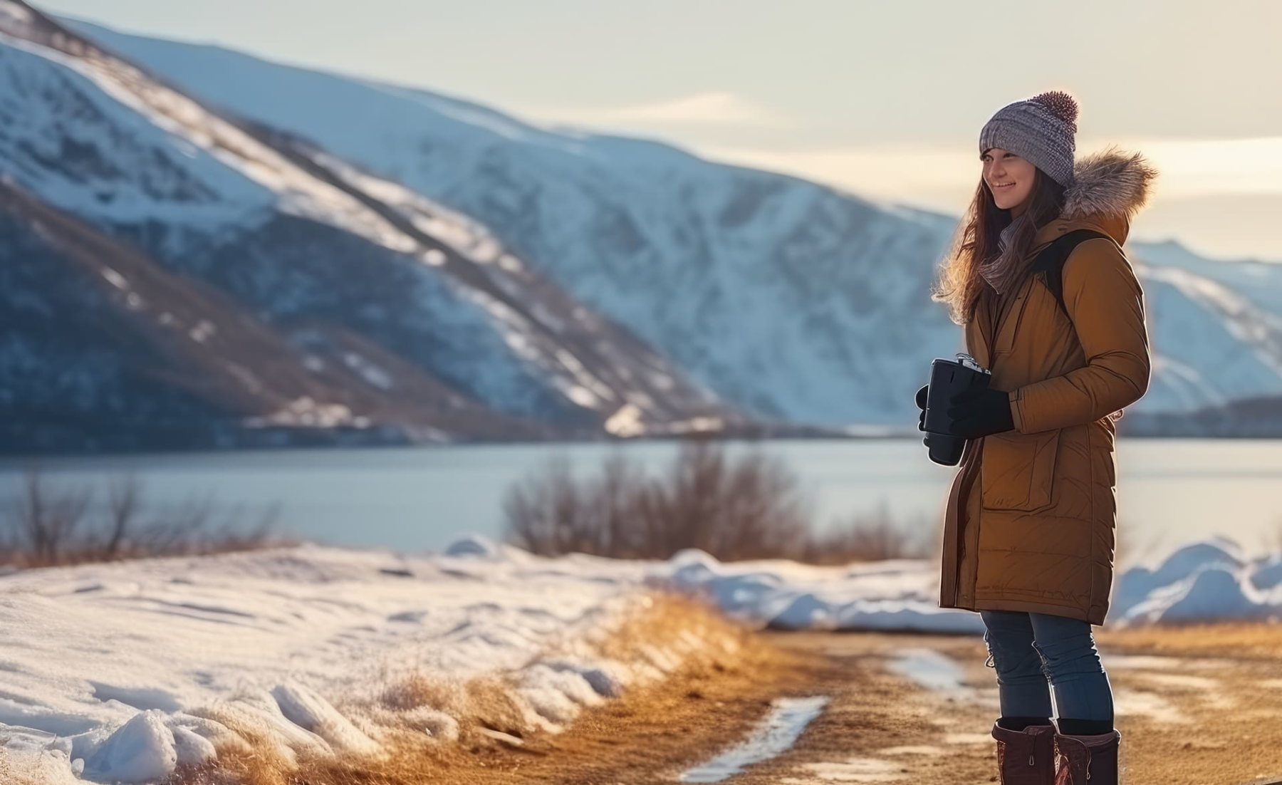 Femme souriant au bord d'un lac et montagne enneigée