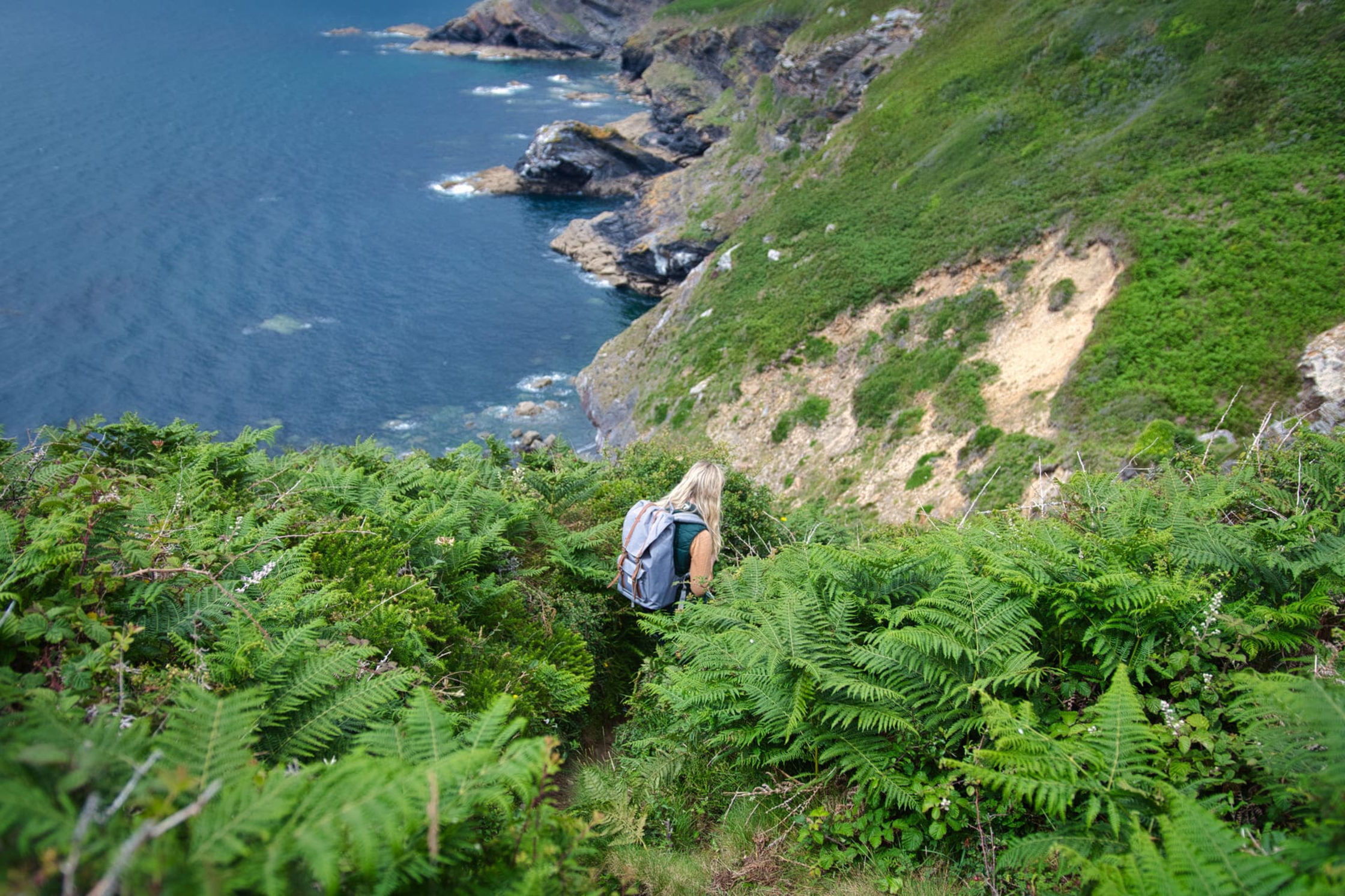 Randonnée pointe des Espagnols : une randonneuse sur le sentier le long des falaises, entre les fougères