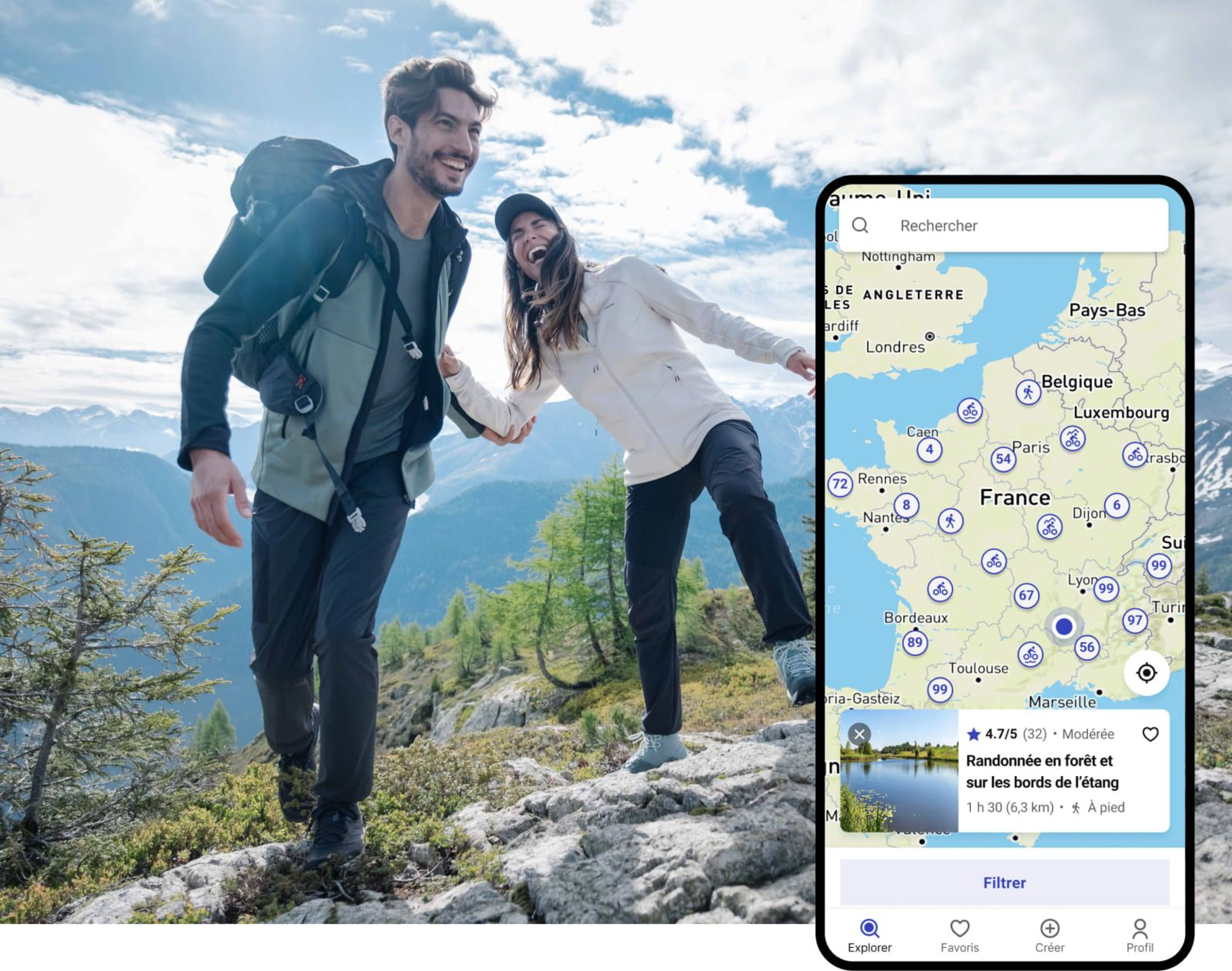 Application gratuite de randonnée pédestre ou à vélo. Decathlon Outdoor appli disponible sur Iphone ou Android, dotée d'un système de navigation GPS pour parcourir des sentiers balisés et chemins. 