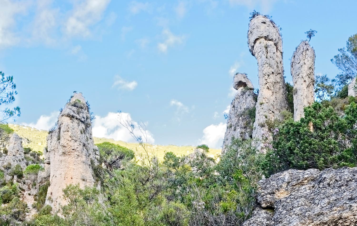 Cirque de Moureze : des tours calcaires semblent émerger du sol