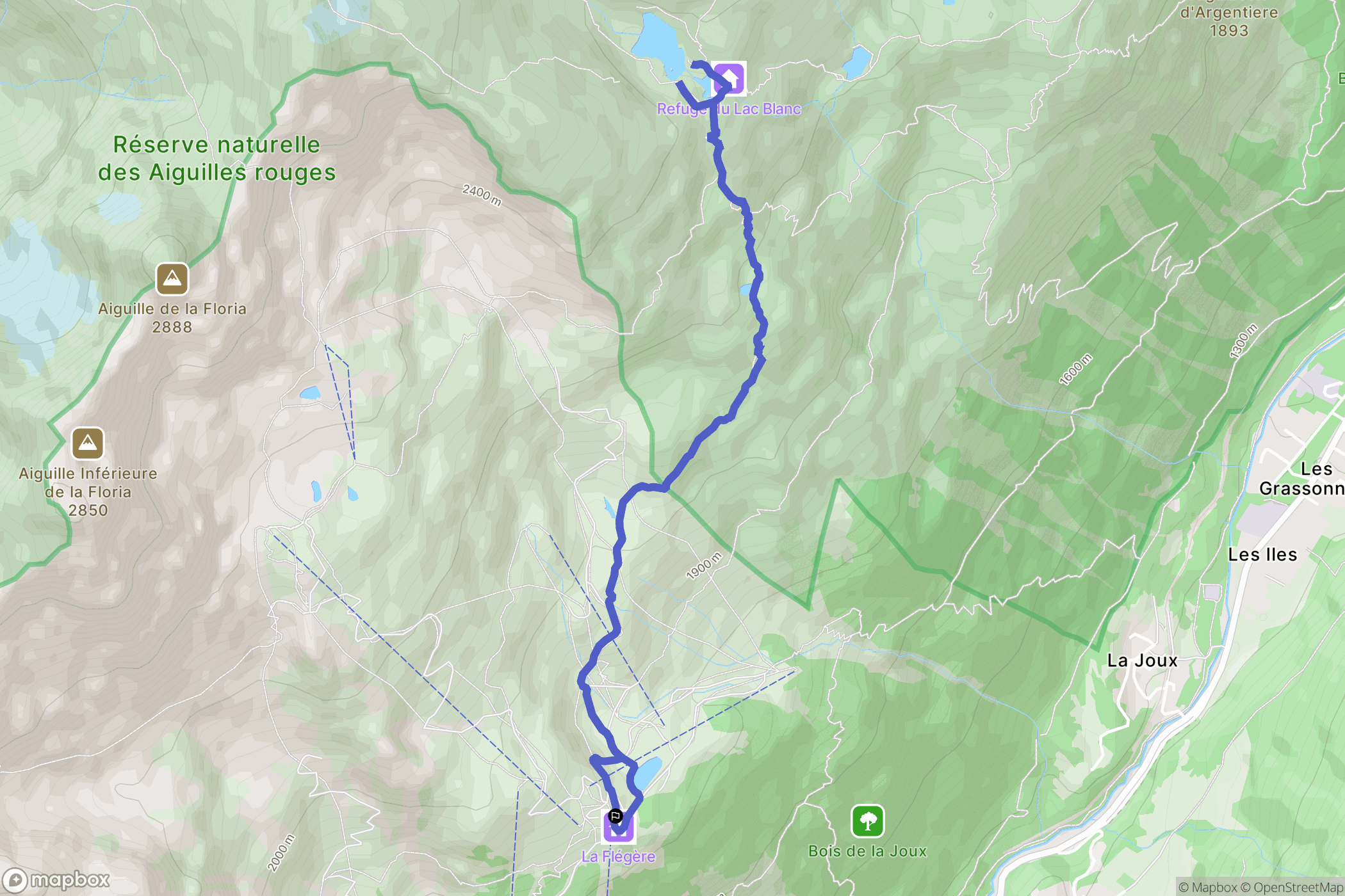 Flégère, Chamonix-Mont-Blanc : carte du parcours de randonnée - France