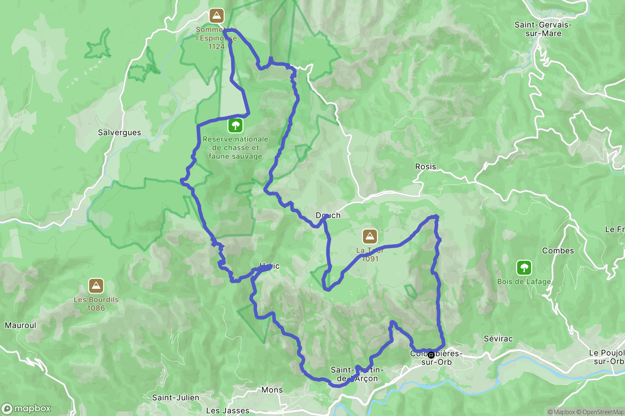 Colombières-sur-Orb : carte du parcours de randonnée - France