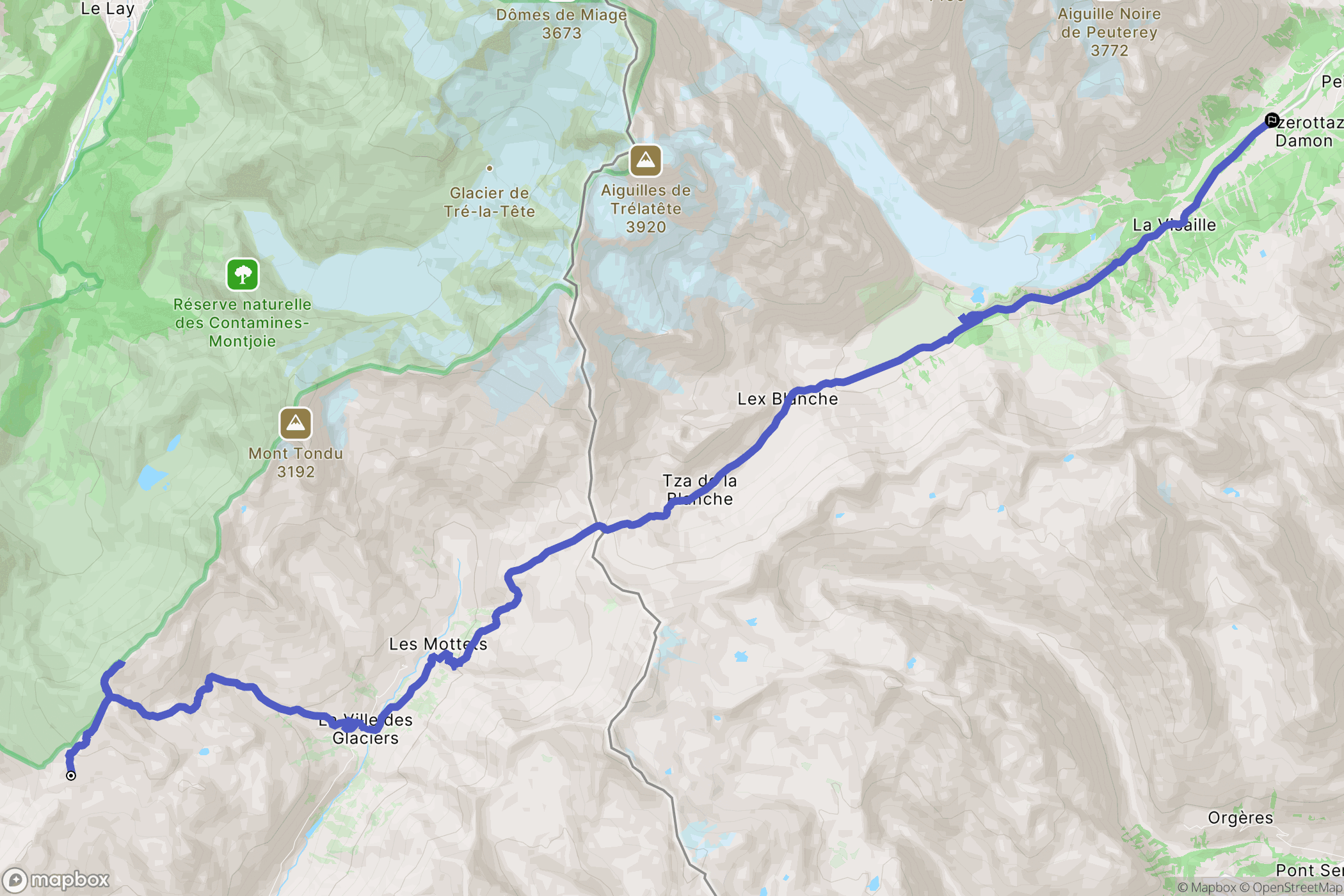 Refuge du Col de la Croix du Bonhomme, Bourg-Saint-Maurice : carte du parcours de randonnée - France