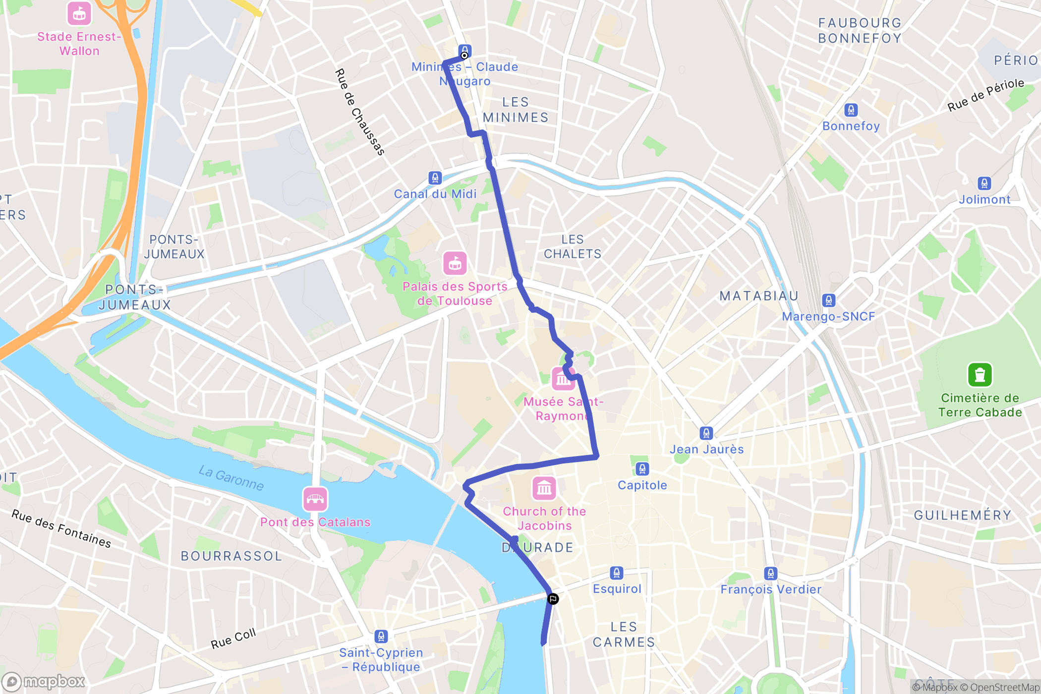 Toulouse : carte du parcours de randonnée - France