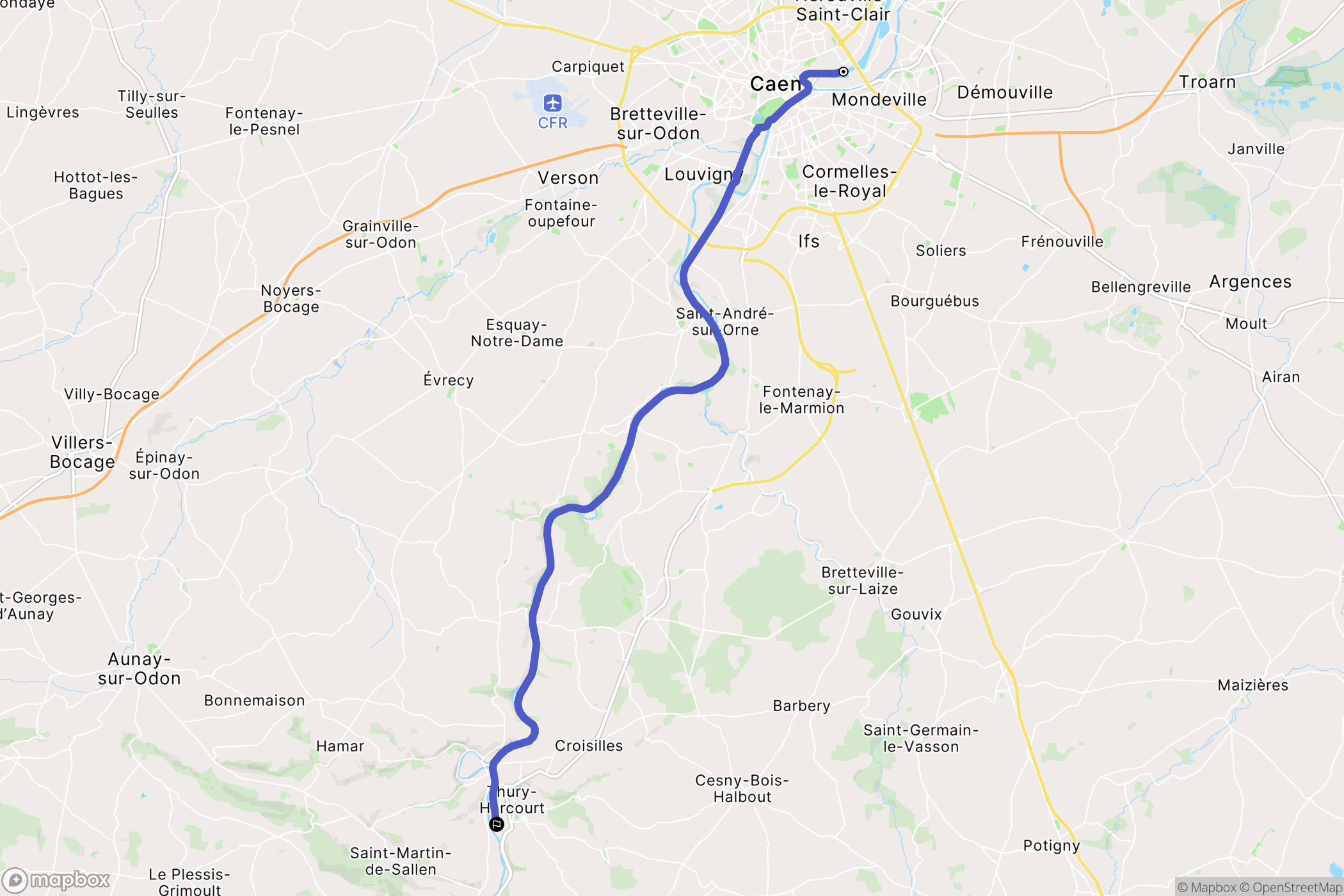 Caen : carte du parcours de randonnée - France