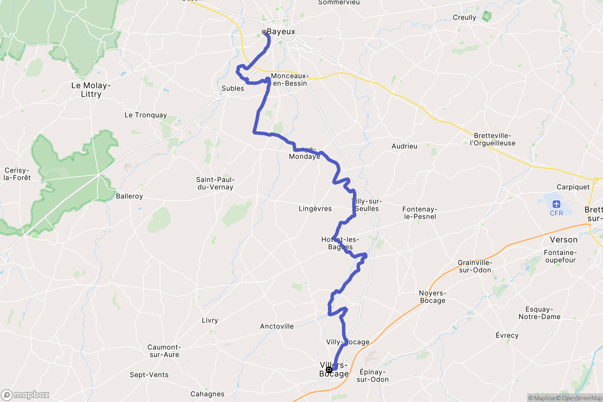Bayeux : carte du parcours de randonnée - France