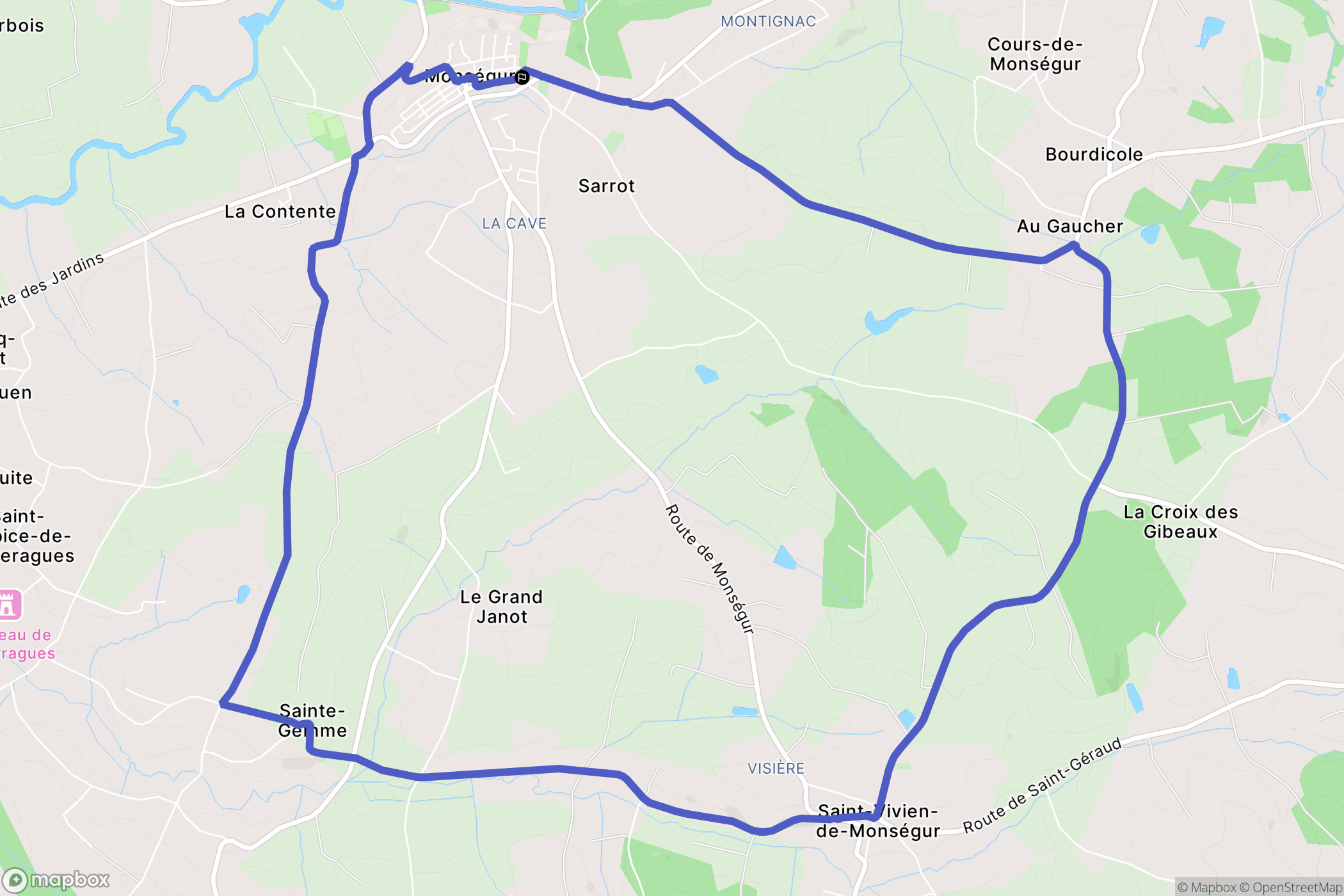 Monségur : carte du parcours de randonnée - France