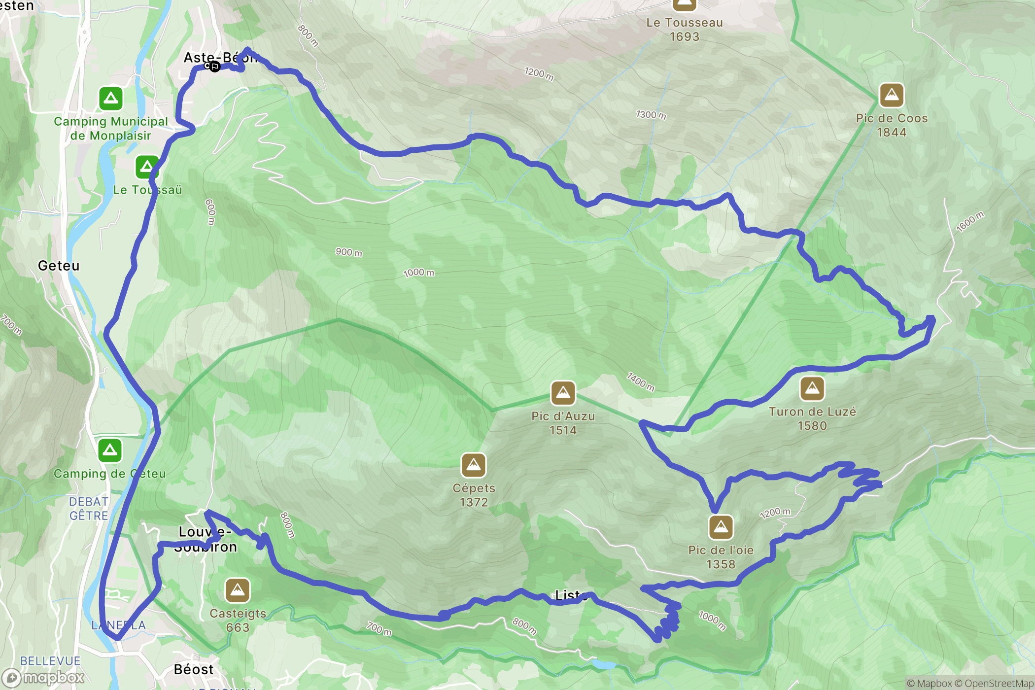 Aste-Béon : carte du parcours de randonnée - France