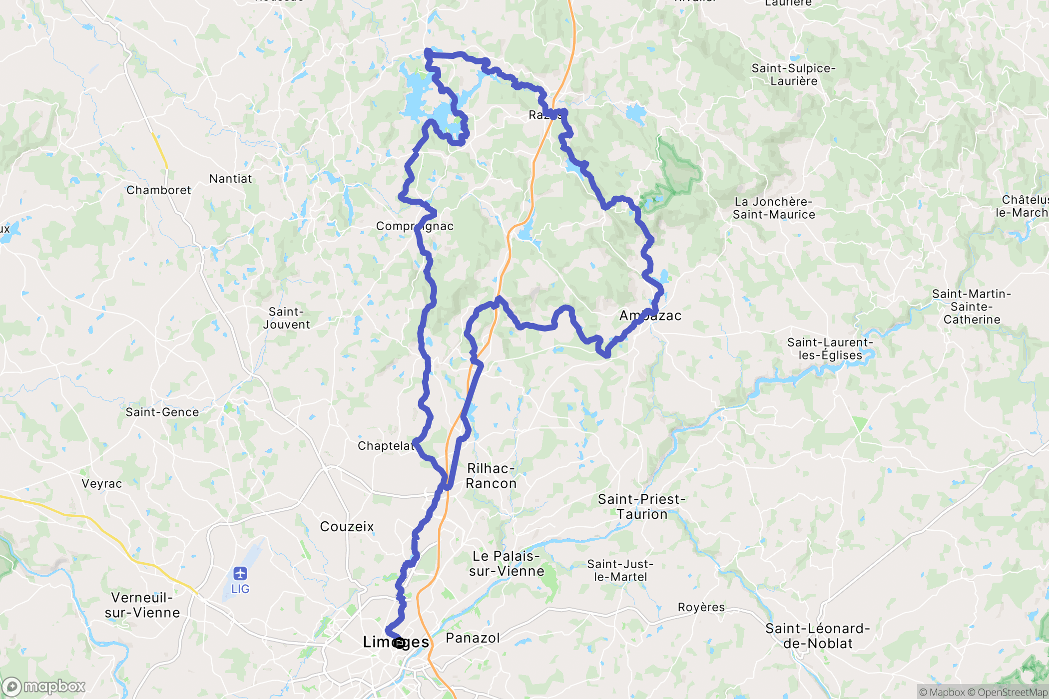 Limoges : carte du parcours de randonnée - France