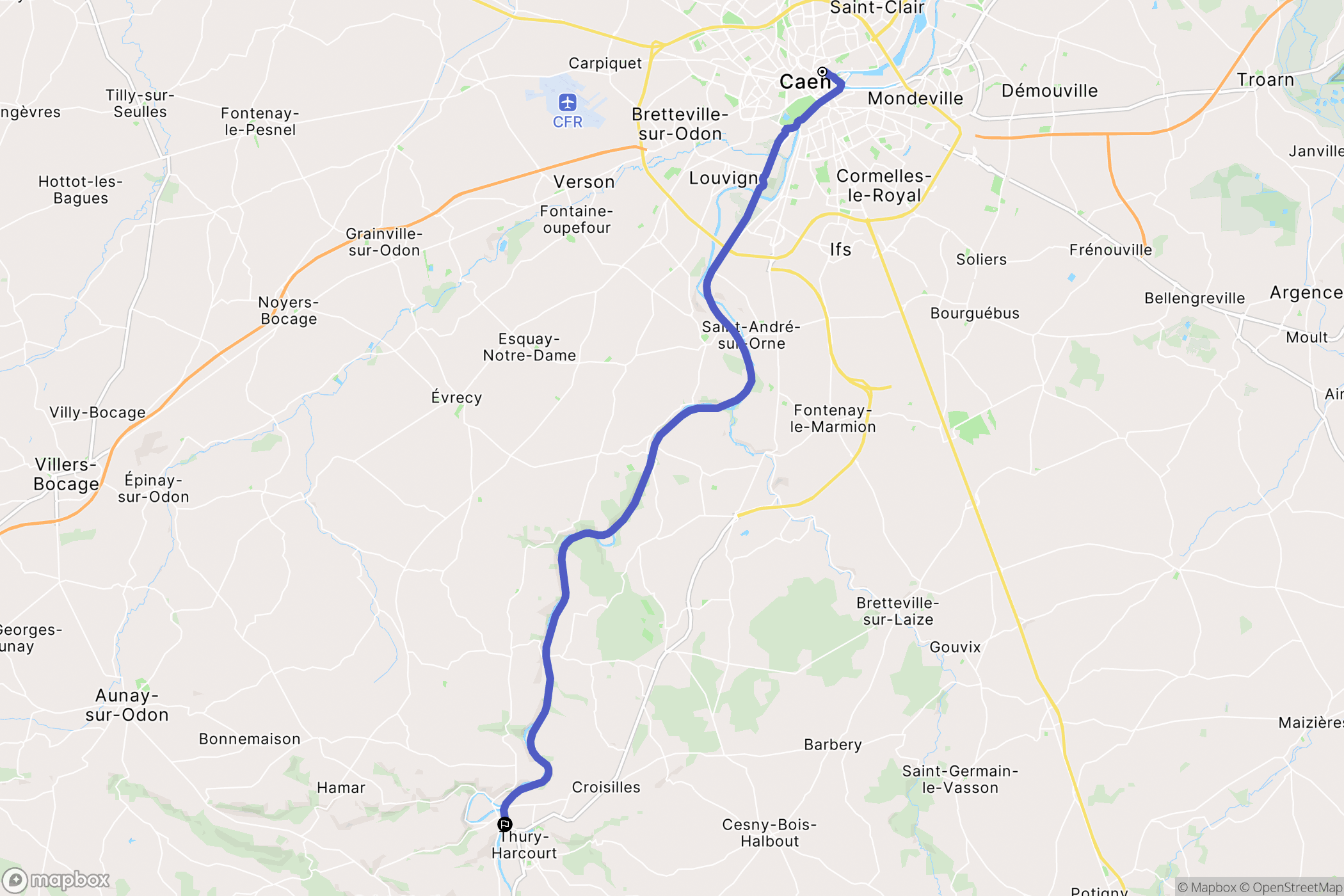 Caen : carte du parcours de randonnée - France