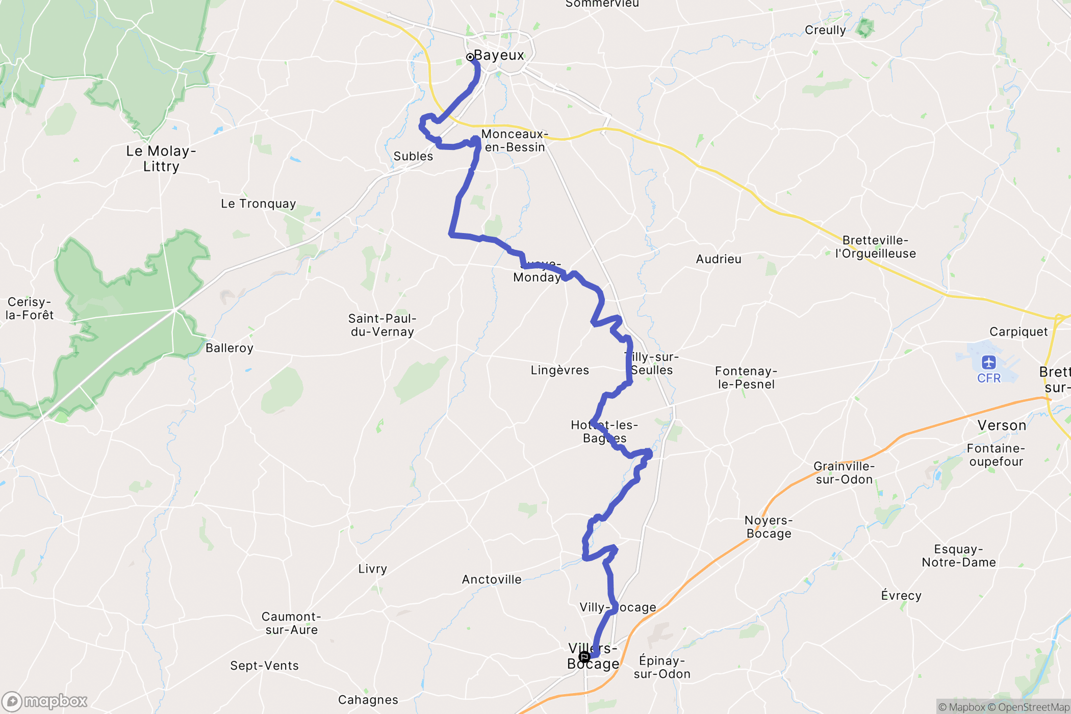 Bayeux : carte du parcours de randonnée - France