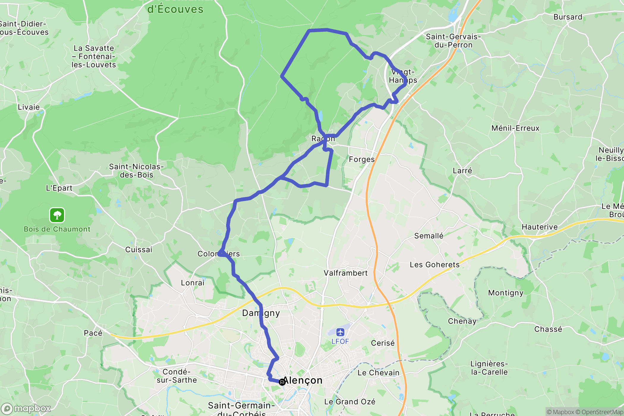 Alençon : carte du parcours de randonnée - France