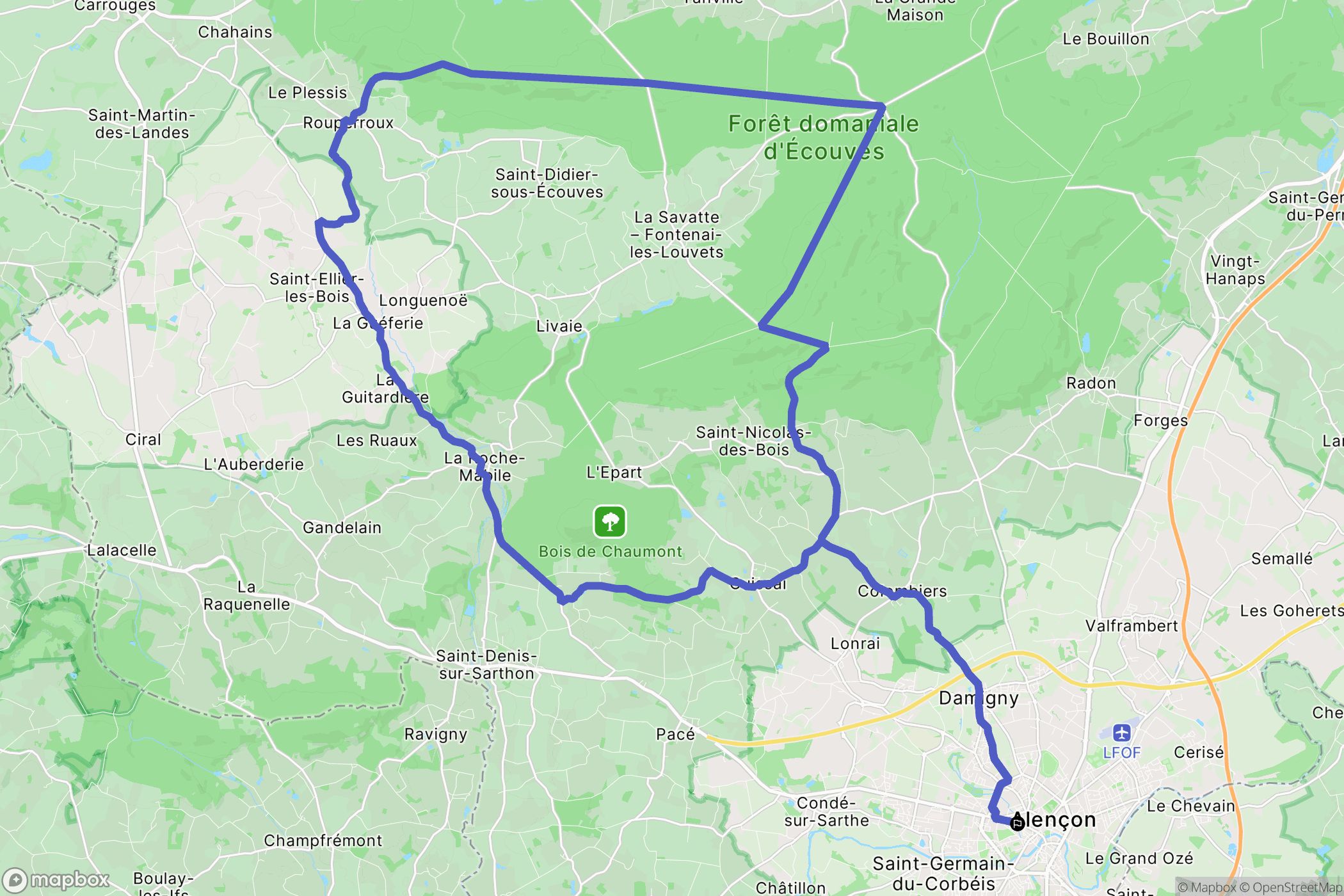 Alençon : carte du parcours de randonnée - France
