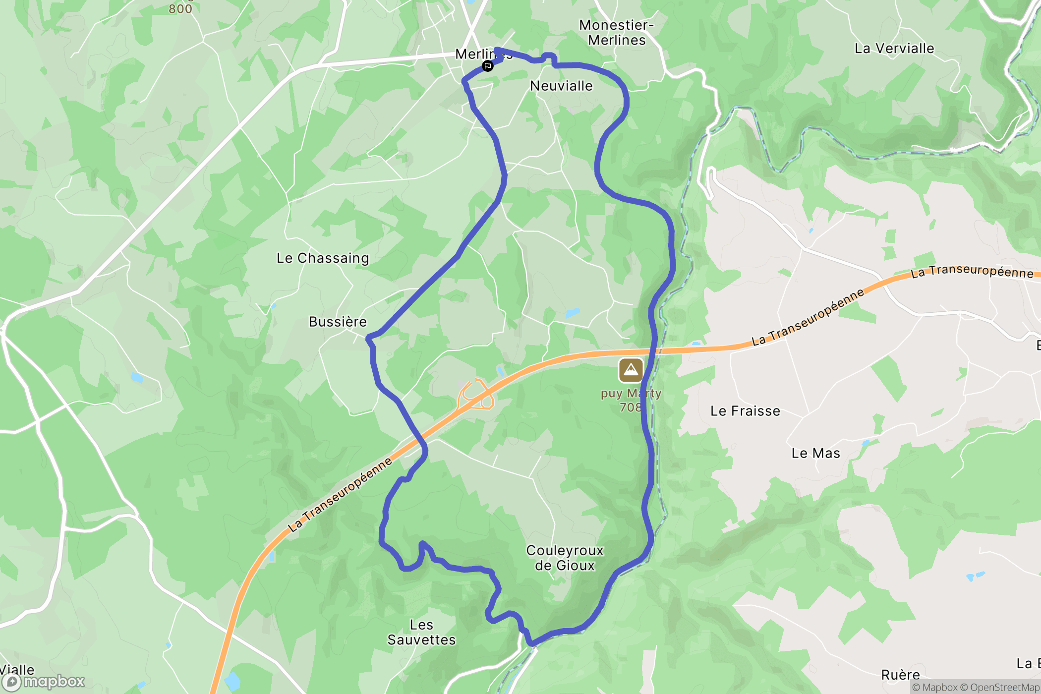 Merlines : carte du parcours de randonnée - France