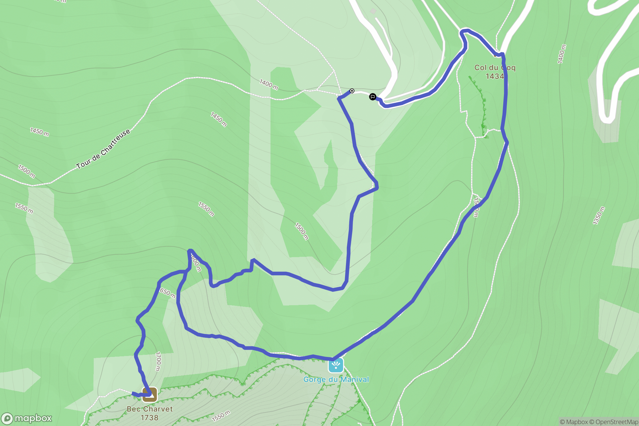 Col du Coq, Plateau-des-Petites-Roches : carte du parcours de randonnée - France