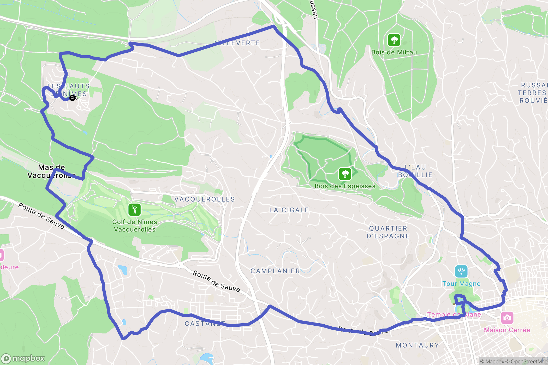 Nîmes : carte du parcours de randonnée - France
