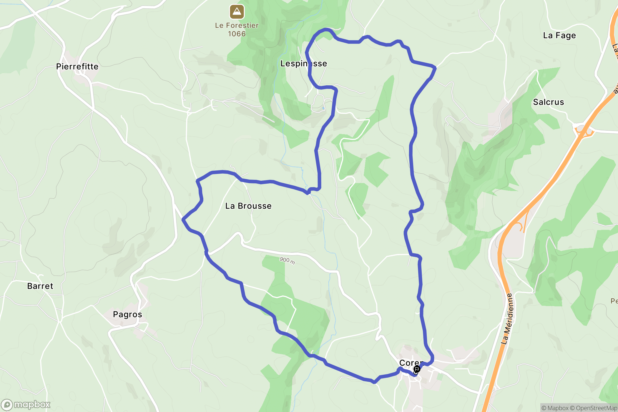 Coren : carte du parcours de randonnée - France