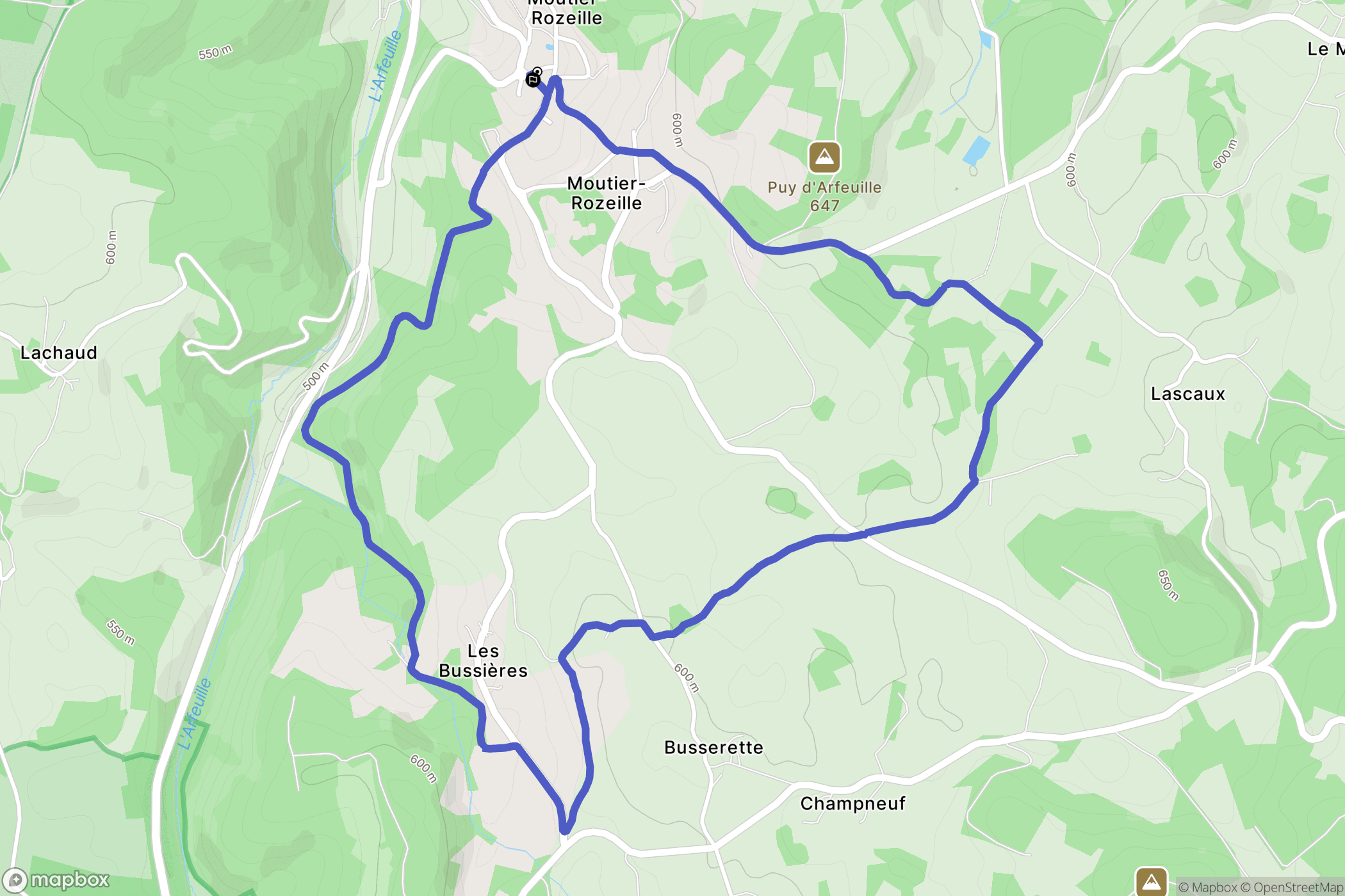Moutier-Rozeille : carte du parcours de randonnée - France
