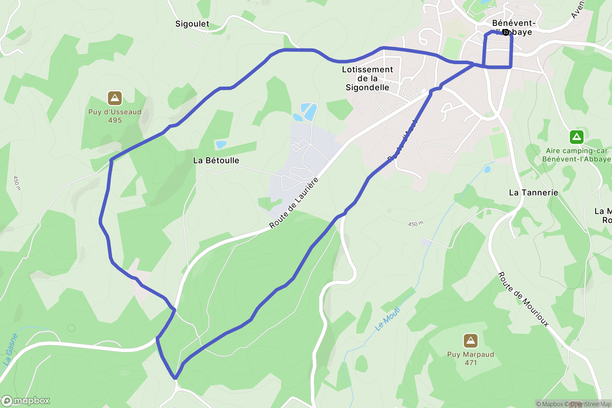 Bénévent-l'Abbaye : carte du parcours de randonnée - France