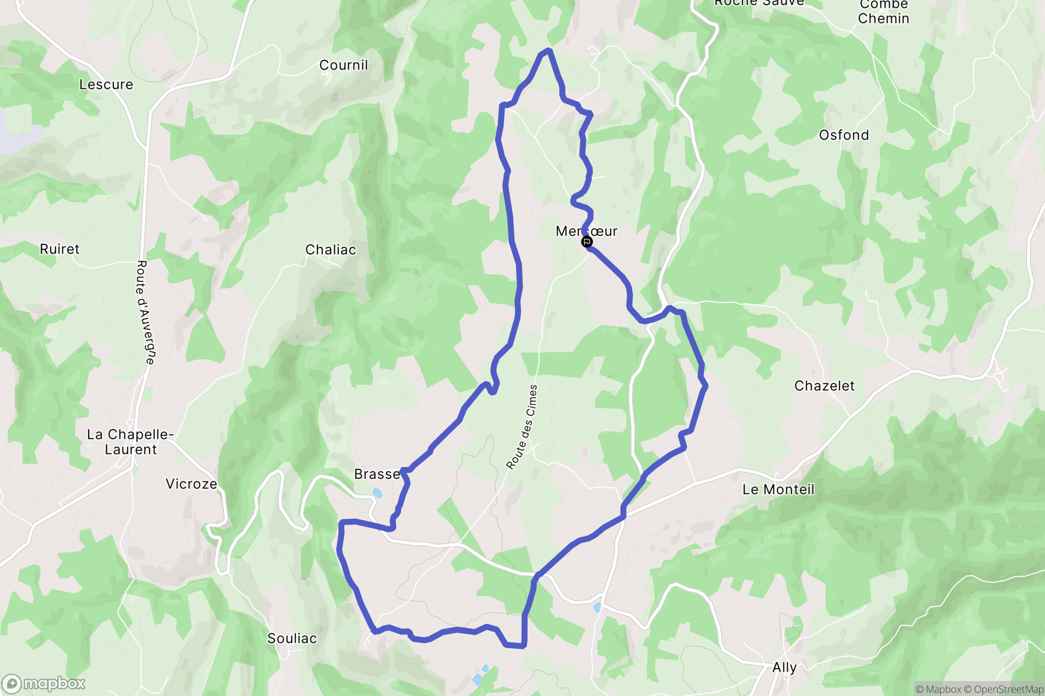 Mercœur : carte du parcours de randonnée - France