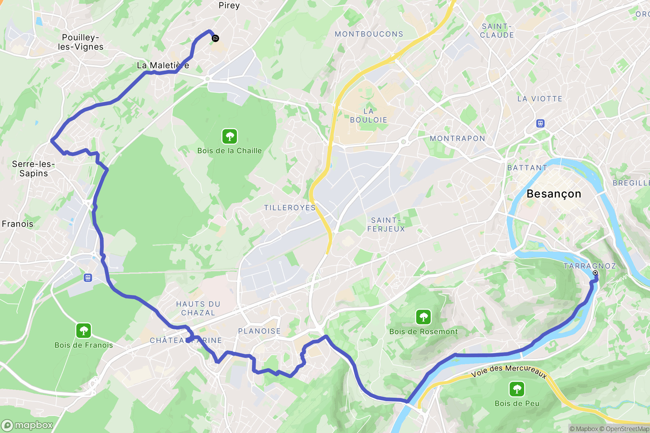 Besançon : carte du parcours de randonnée - France
