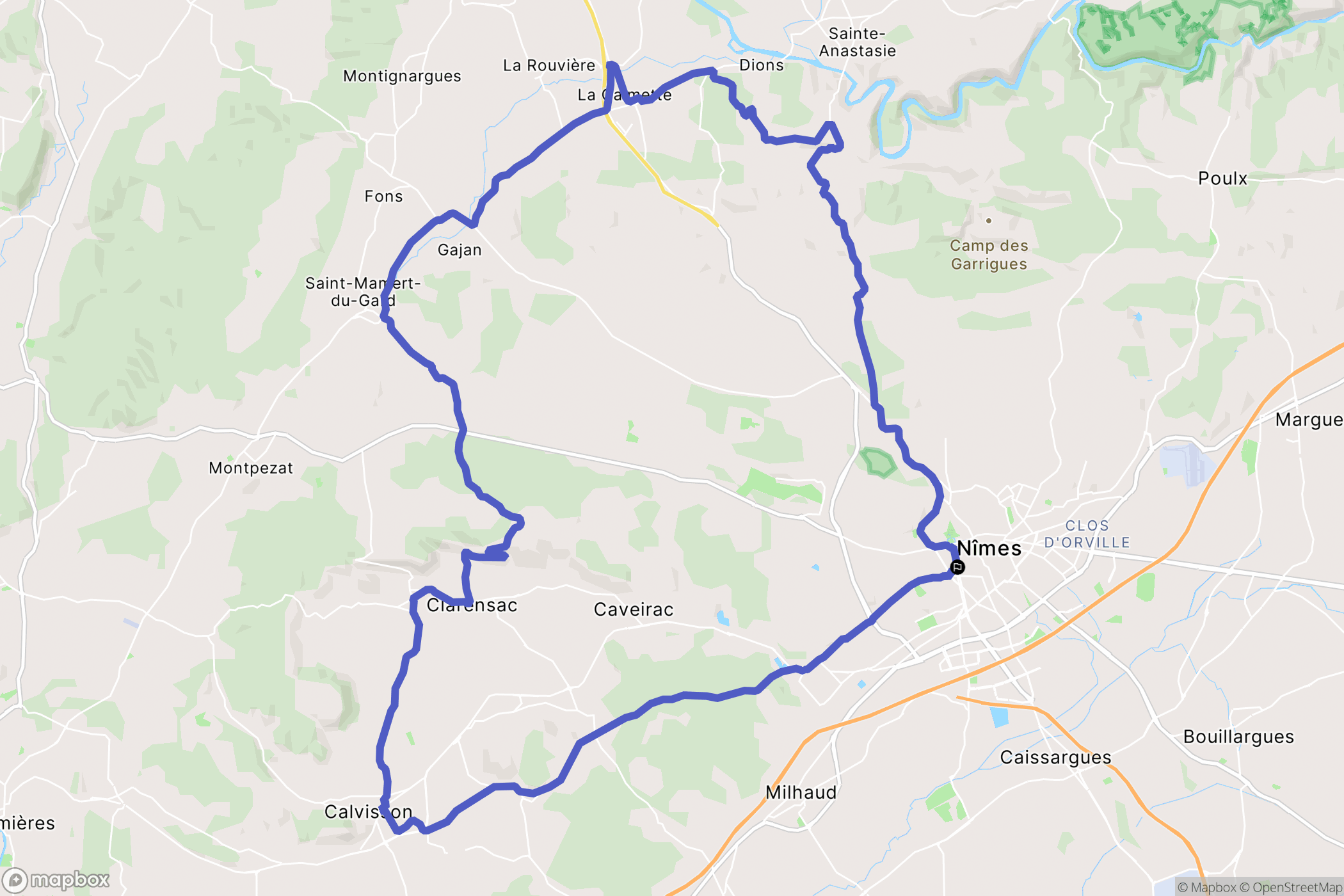 Nîmes : carte du parcours de randonnée - France