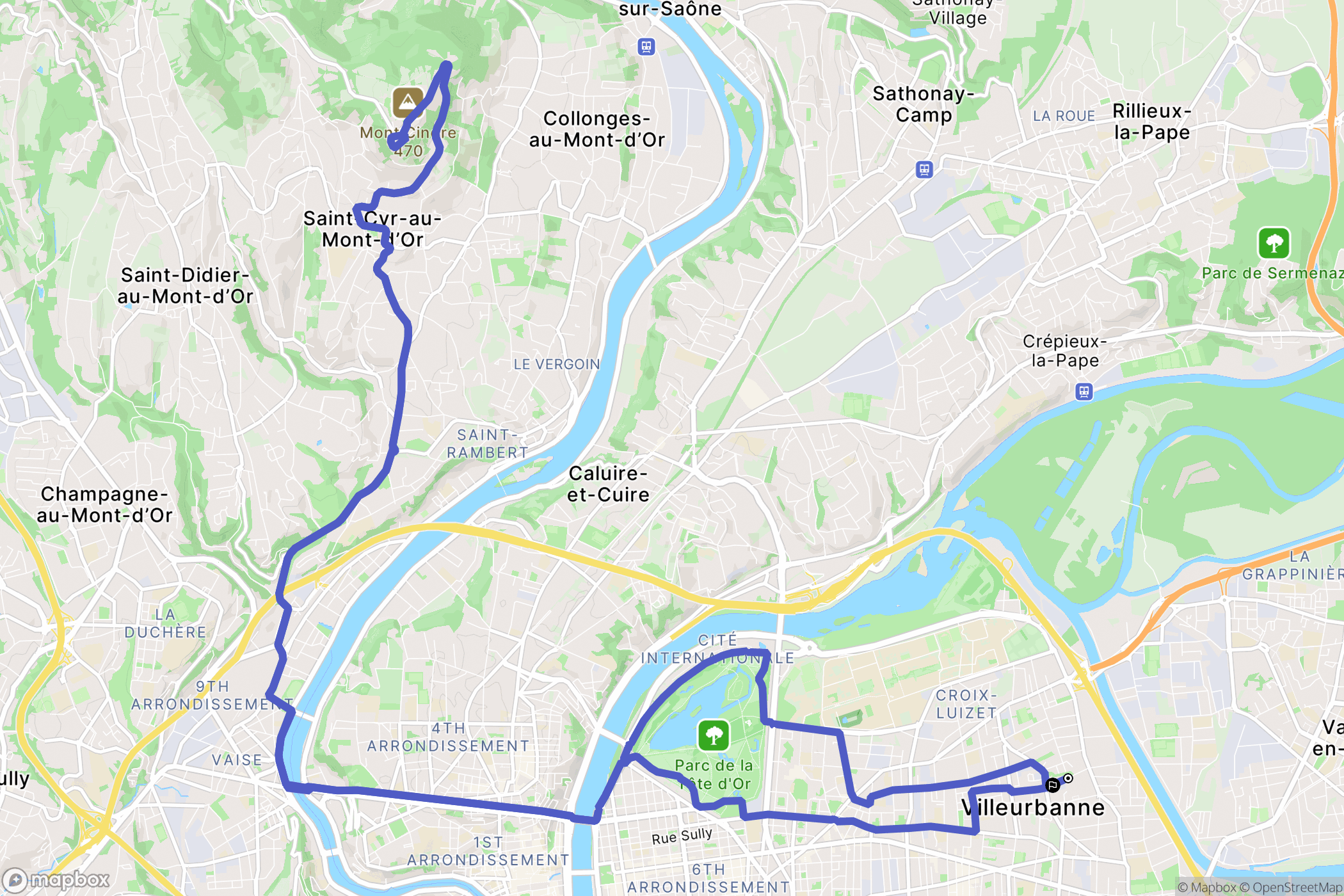 Villeurbanne : carte du parcours de randonnée - France