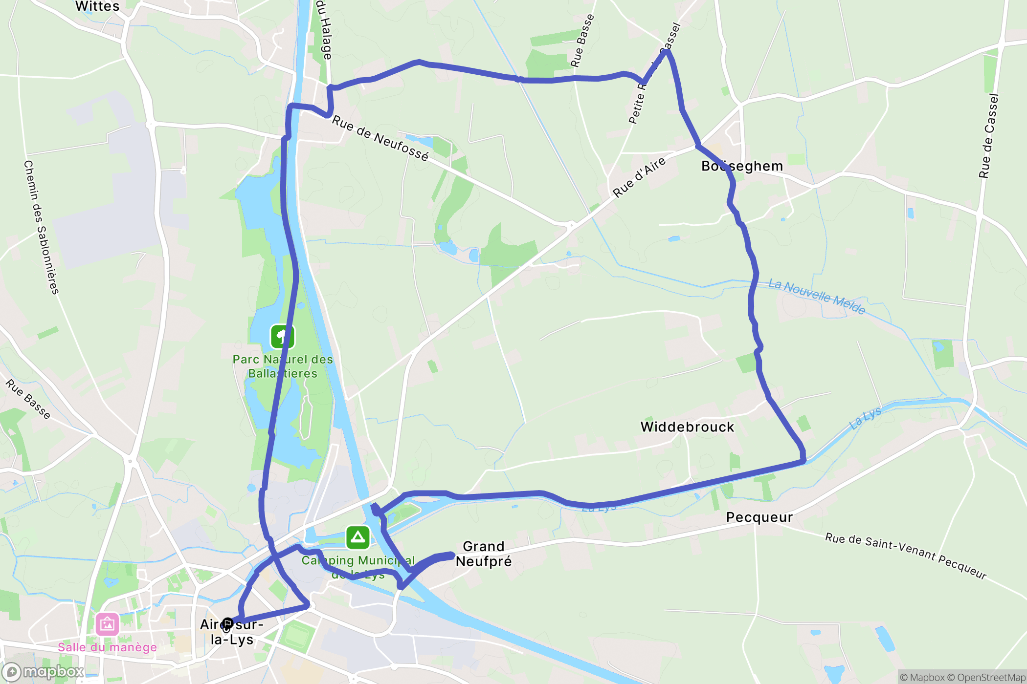 Aire sur la Lys : carte du parcours de randonnée - France