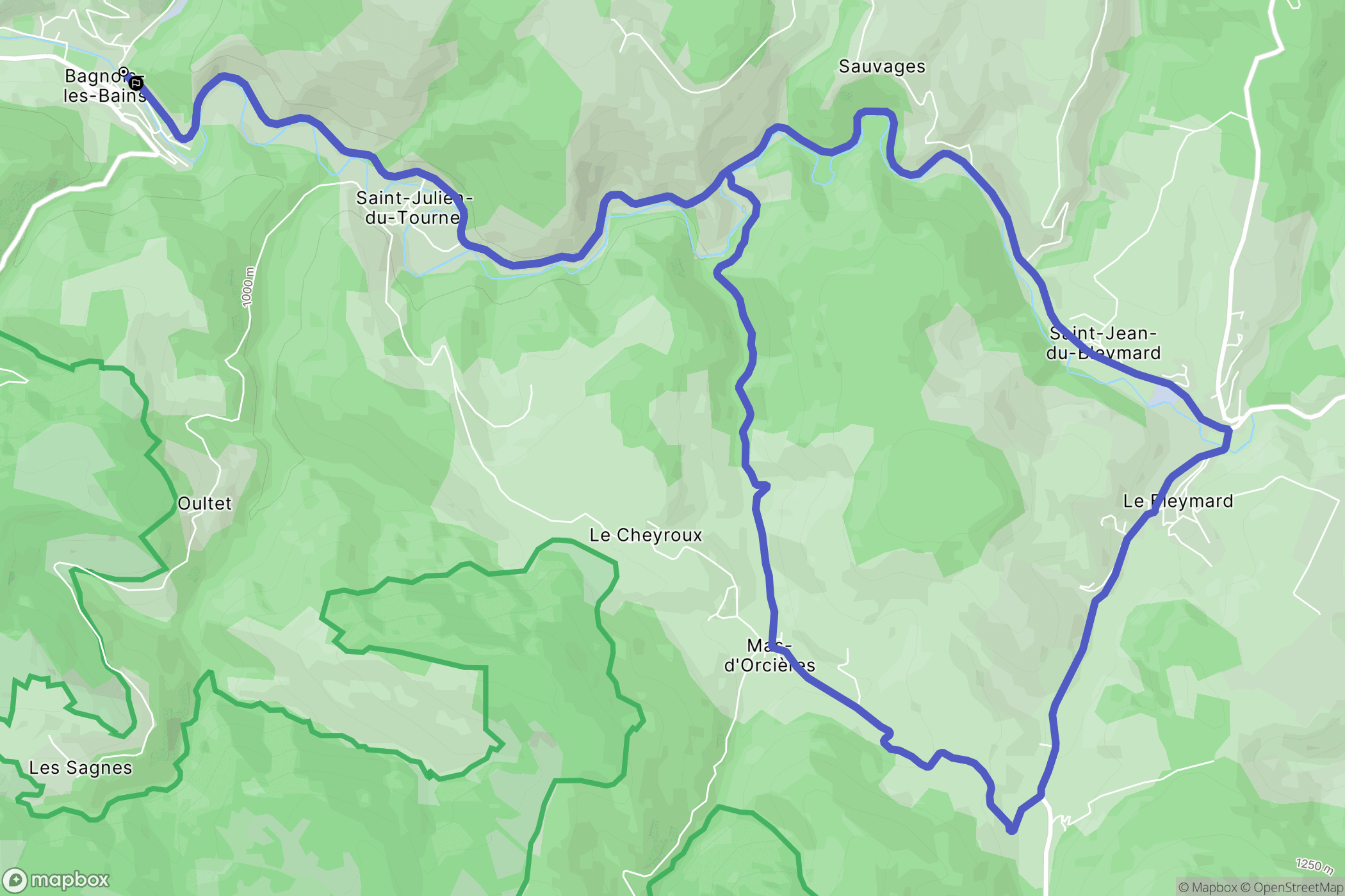 Mont Lozère et Goulet : carte du parcours de randonnée - France