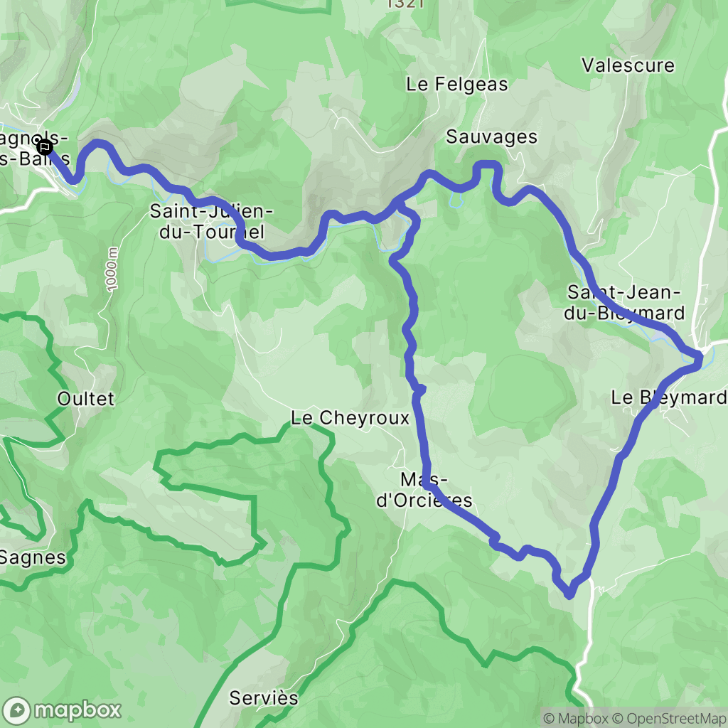 Mont Lozère et Goulet : carte du parcours de randonnée - France