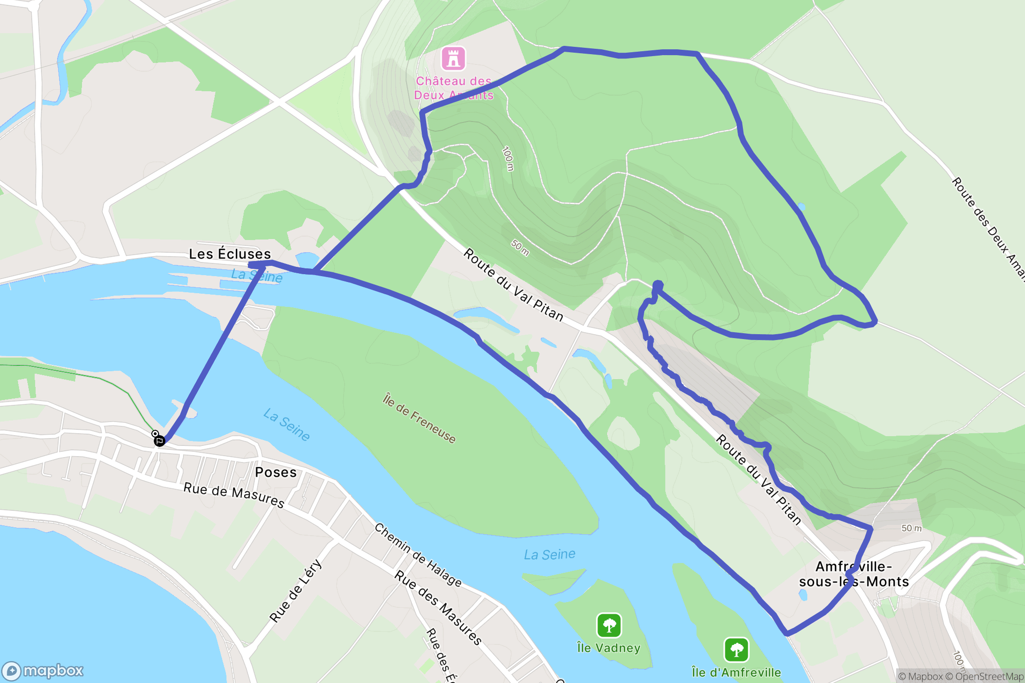 Poses : carte du parcours de randonnée - France