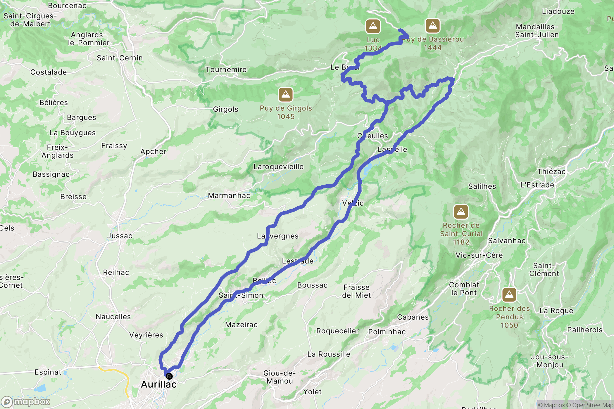 Aurillac : carte du parcours de randonnée - France