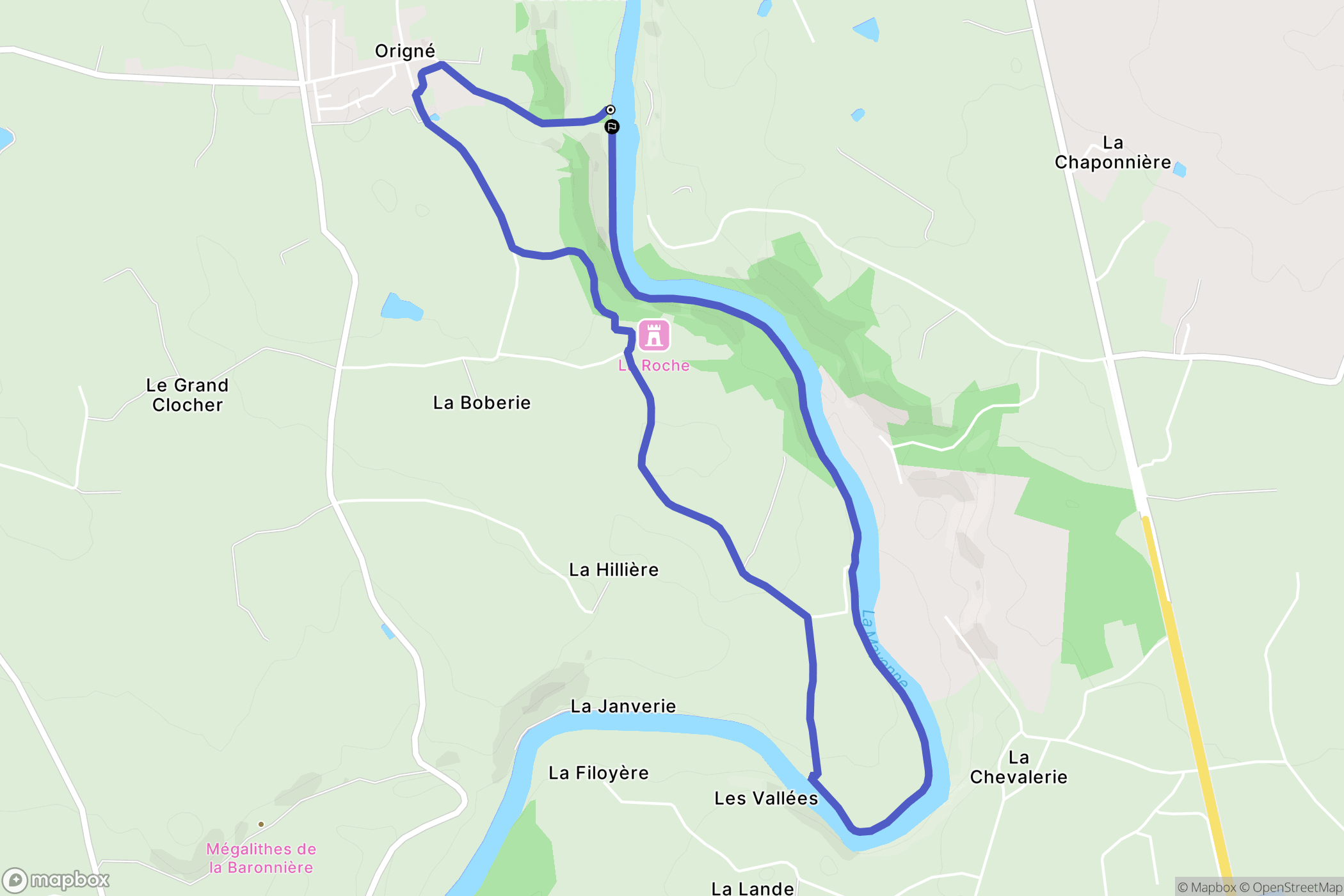 Origne : carte du parcours de randonnée - France