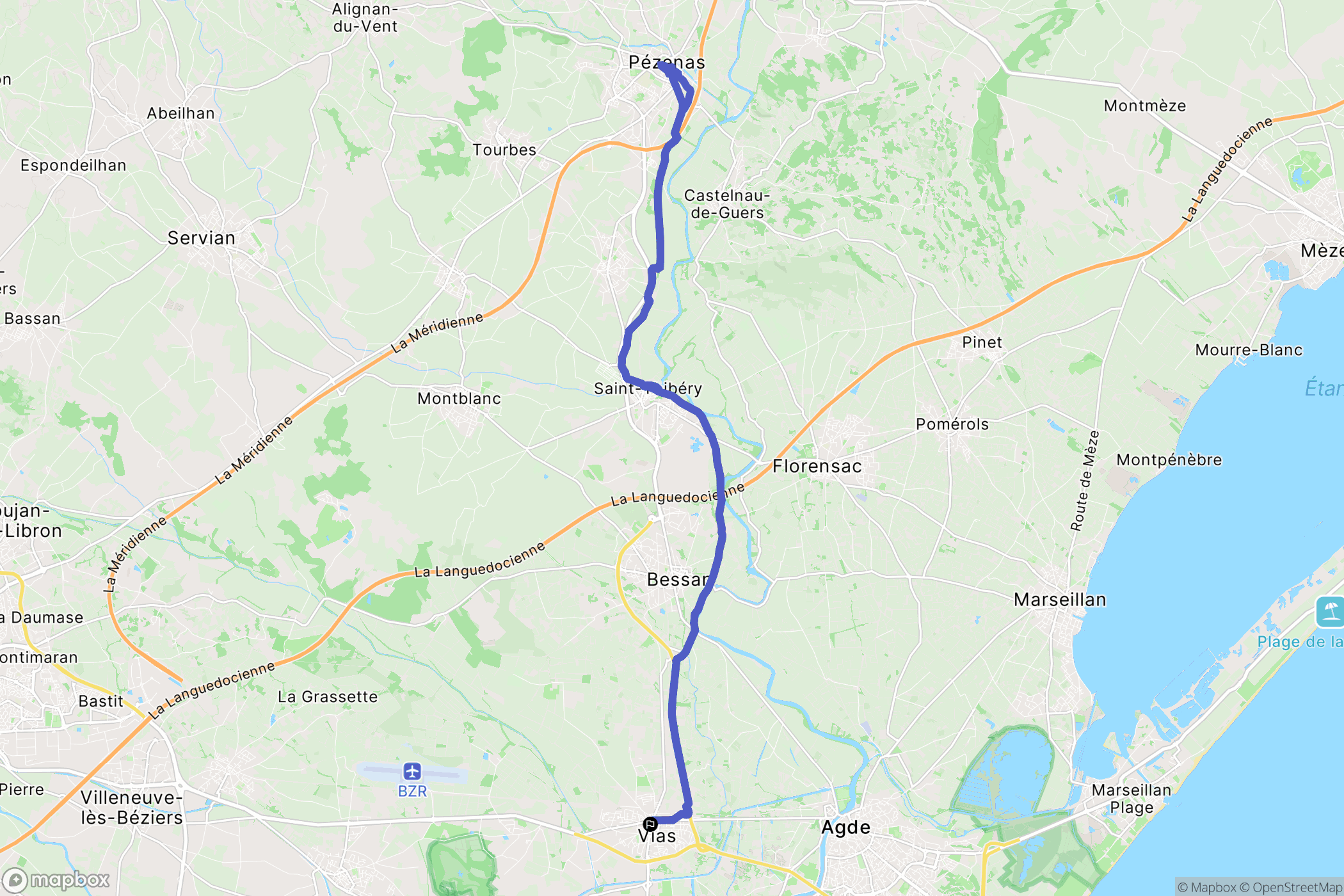 Vias : carte du parcours de randonnée - France