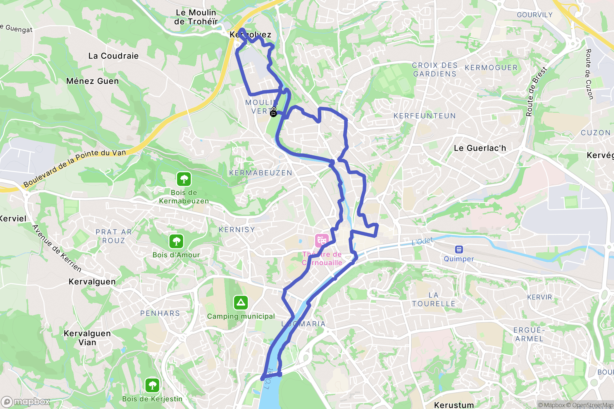 Quimper : carte du parcours de randonnée - France