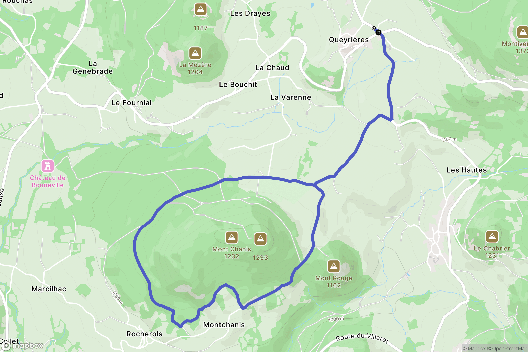 Queyrières : carte du parcours de randonnée - France
