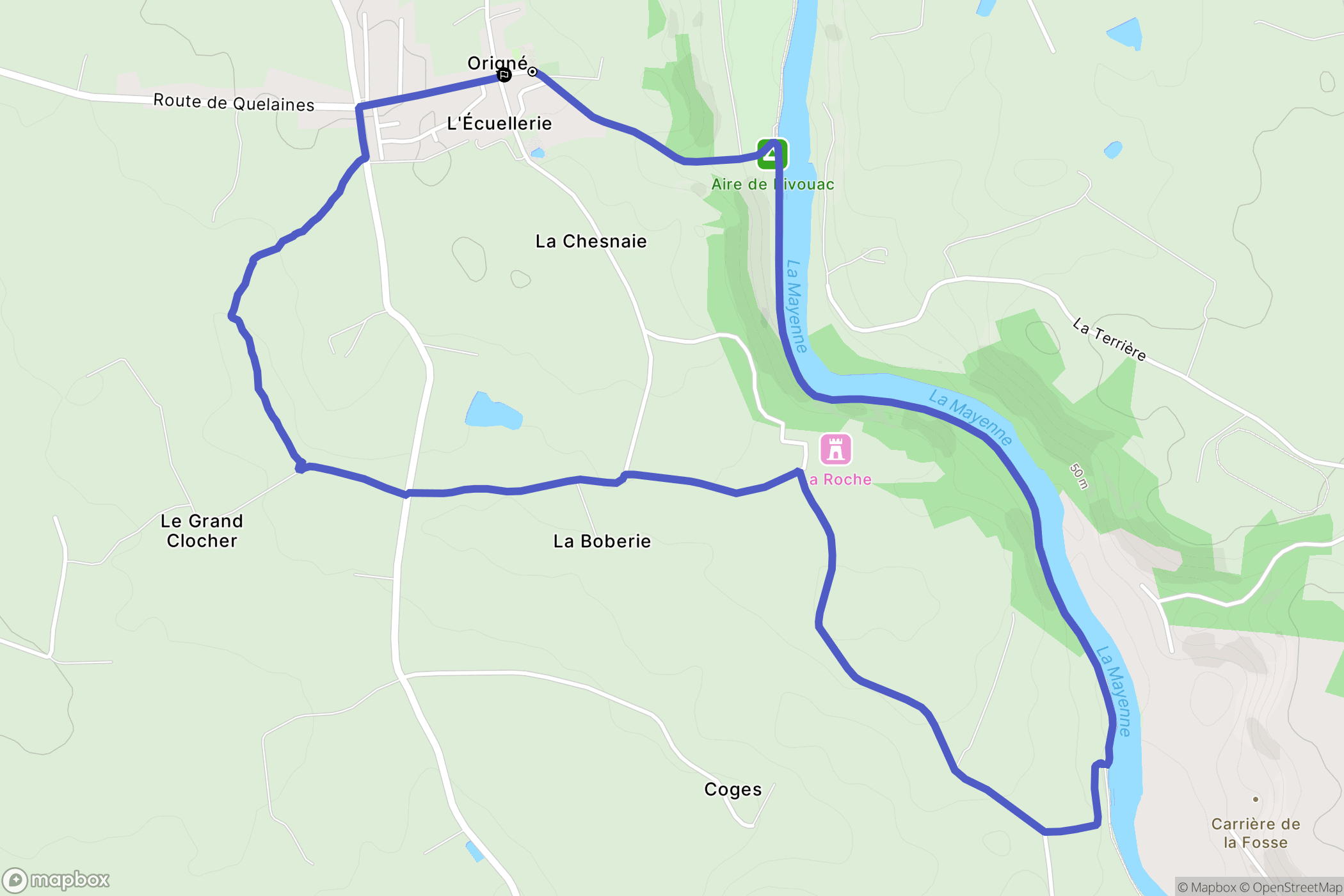 Origne : carte du parcours de randonnée - France