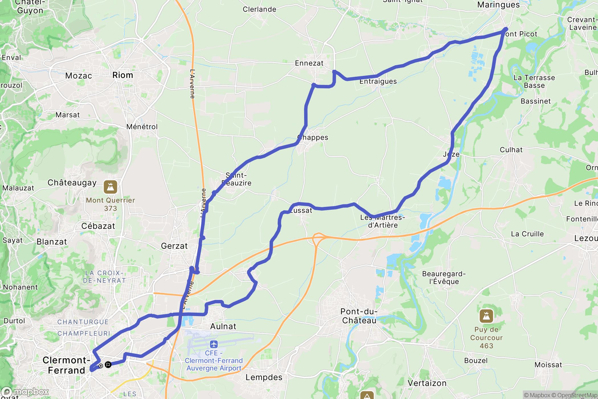 Clermont-Ferrand : carte du parcours de randonnée - France