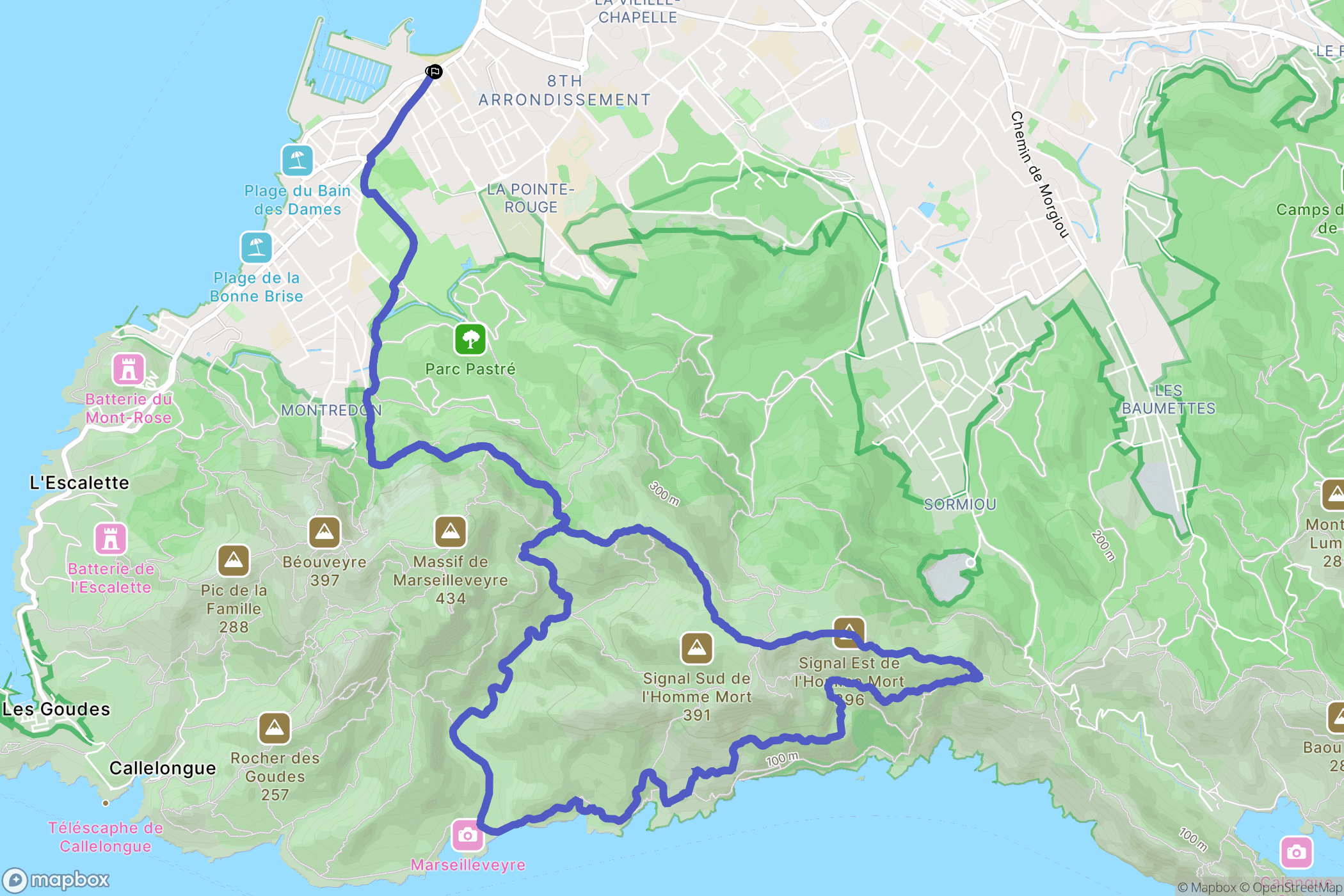 Marseille : carte du parcours de randonnée - France