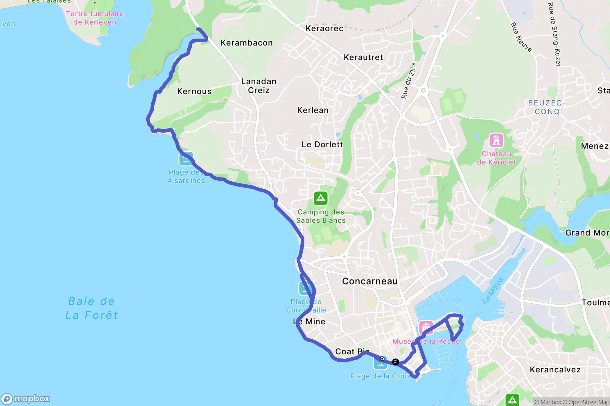 Concarneau : carte du parcours de randonnée - France
