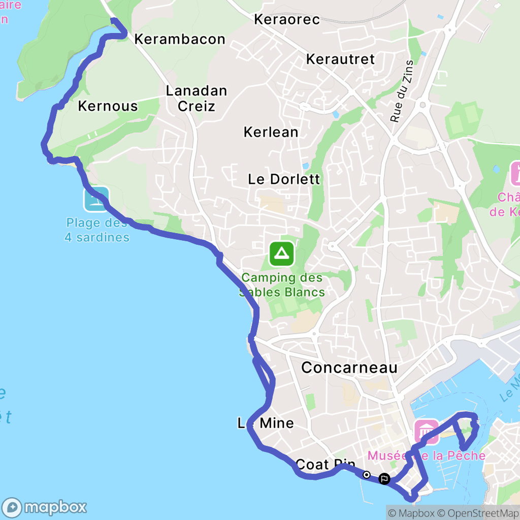 Concarneau : carte du parcours de randonnée - France
