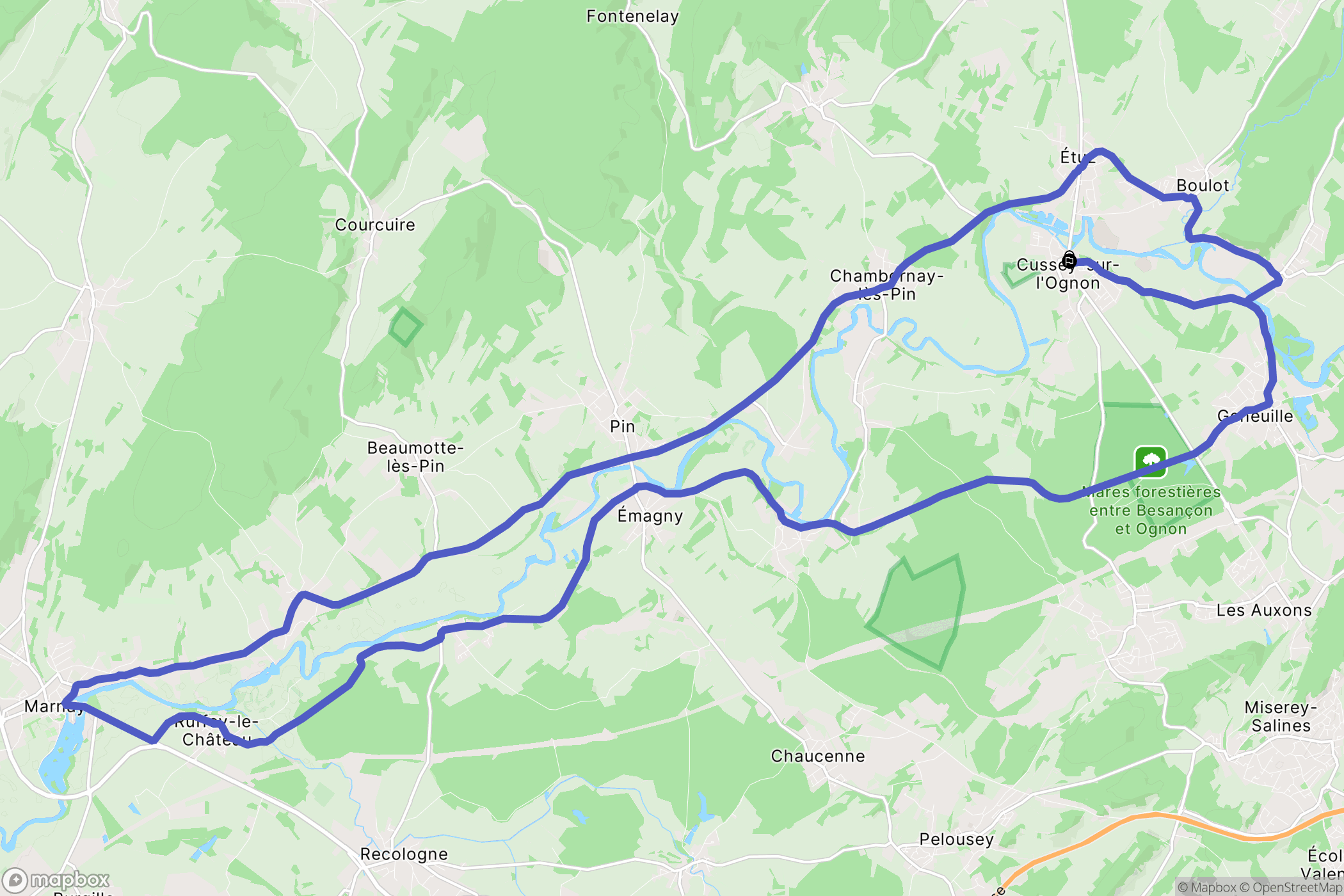Cussey-sur-l'Ognon : carte du parcours de randonnée - France